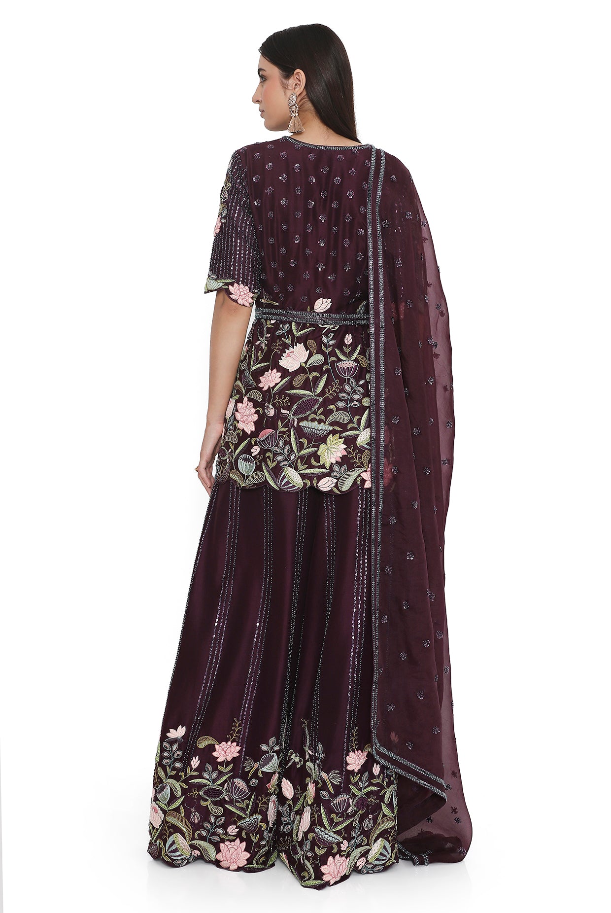 Purple Embroidered Kurta With Palazzo And Embroidered Belt With Embroidered Dupatta