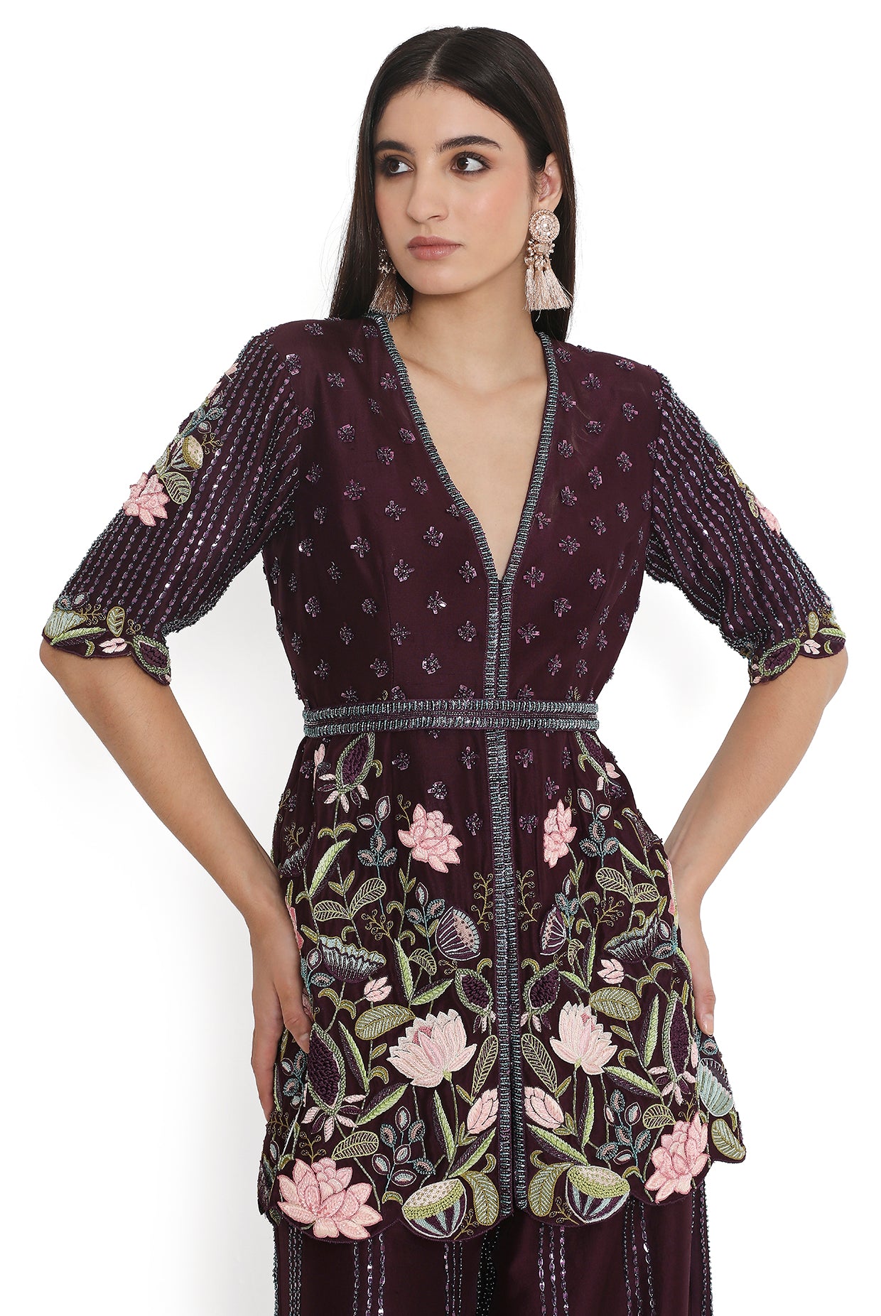 Purple Embroidered Kurta With Palazzo And Embroidered Belt With Embroidered Dupatta