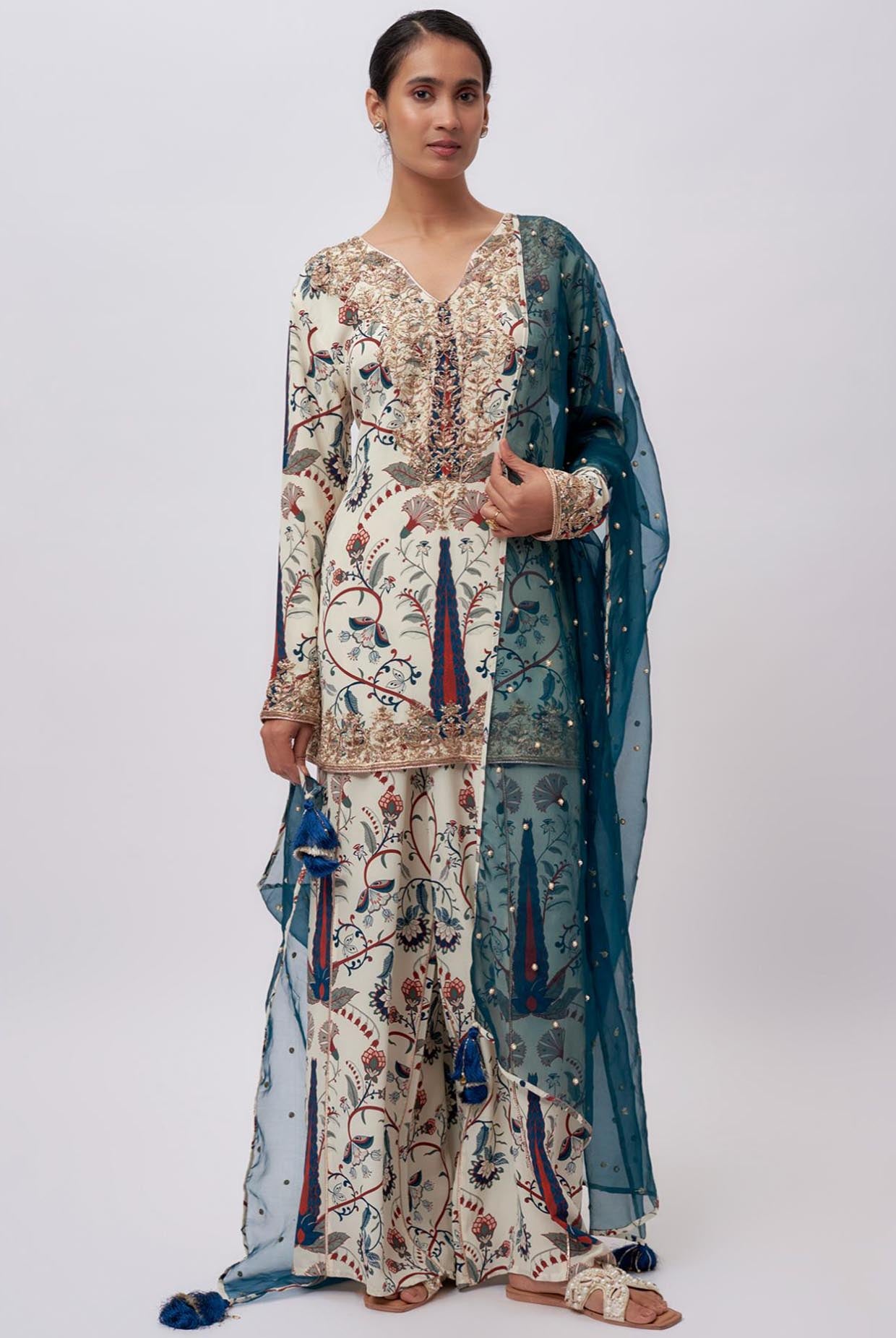 Blue Forest Whisper Print Crepe Embroidered Kurta And Crepe Pant With Organza Embroidered Dupatta.