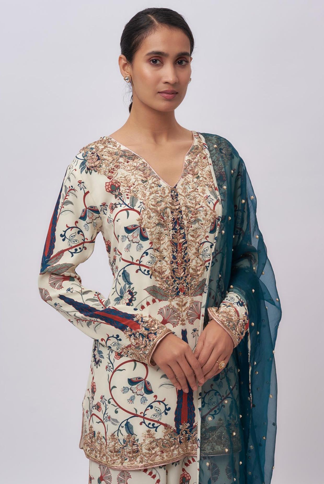 Blue Forest Whisper Print Crepe Embroidered Kurta And Crepe Pant With Organza Embroidered Dupatta.