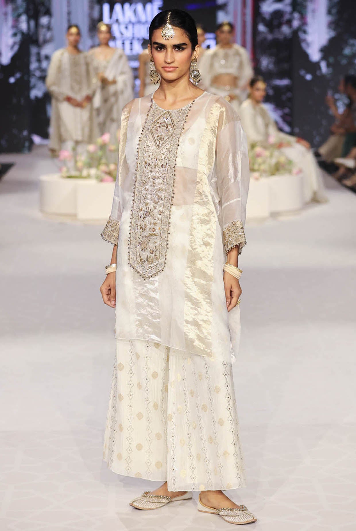 Parhez Gold Embroidered Tunic With Bustier And Palazzo