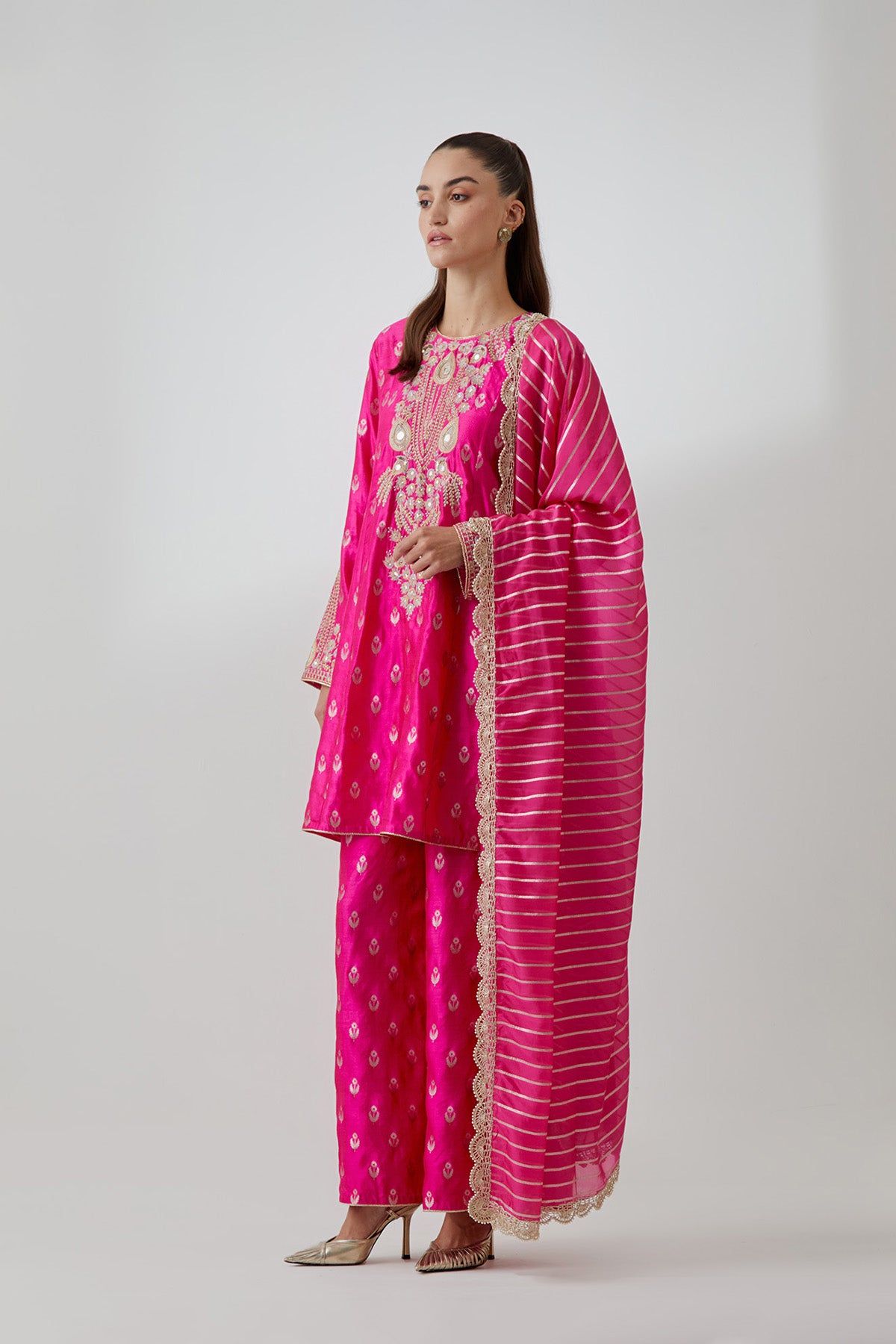 Hot Pink Brocade Silk Embroidered Yoke Kurta And Palazzo With Line Chiffon Dupatta
