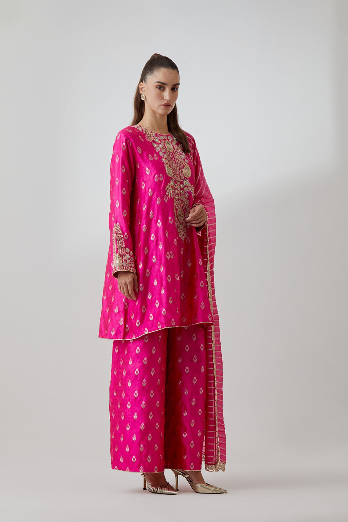 Hot Pink Brocade Silk Embroidered Yoke Kurta And Palazzo With Line Chiffon Dupatta