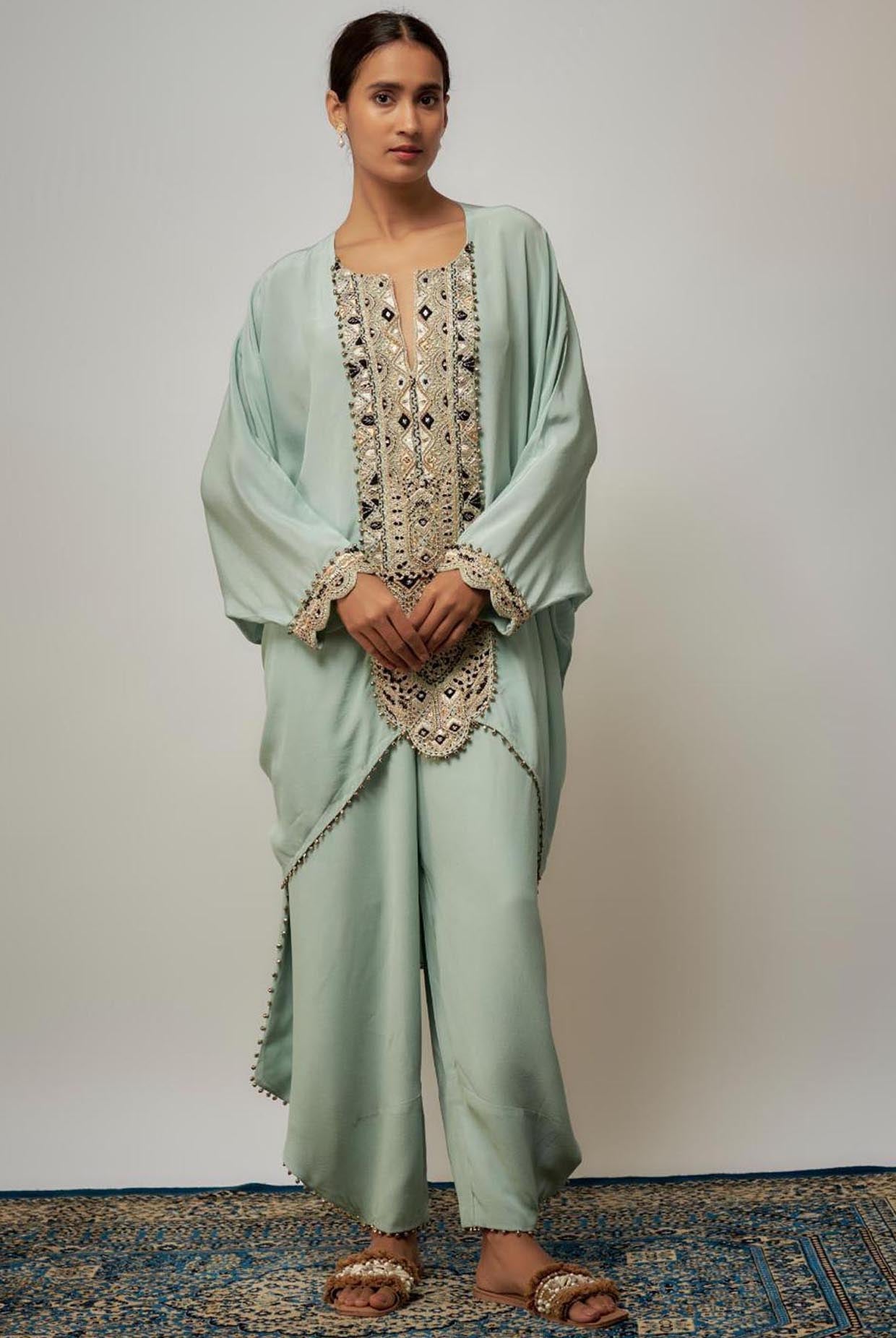 Seafoam Embroidered Yoke Kaftan With Pant