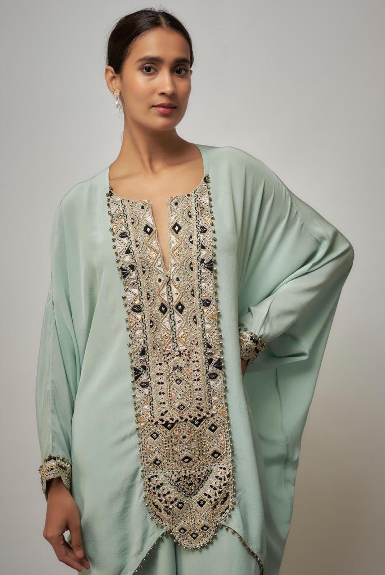 Seafoam Embroidered Yoke Kaftan With Pant