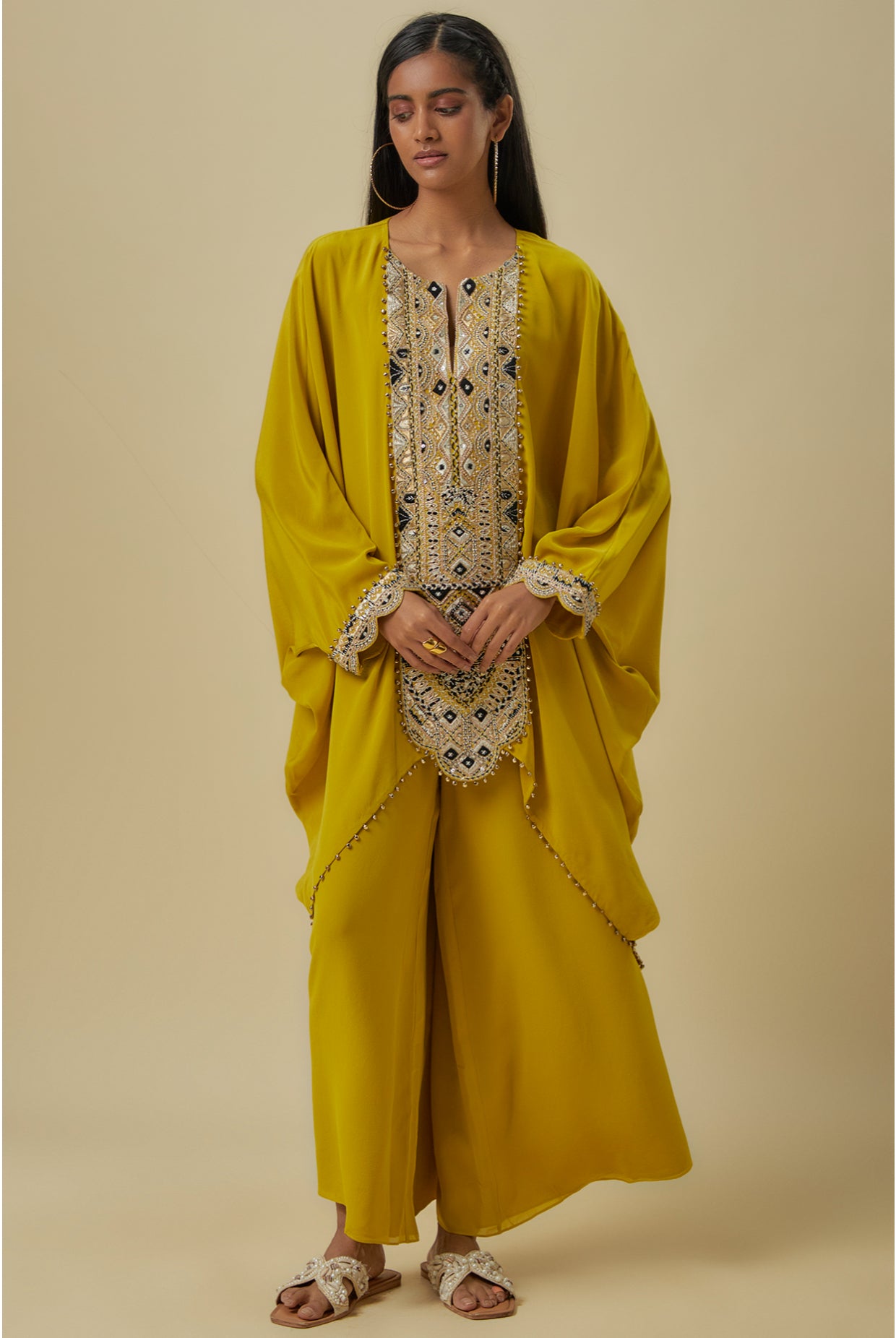Olive Green Crepe Embroidered Yoke Kaftan With Georgette Pants.