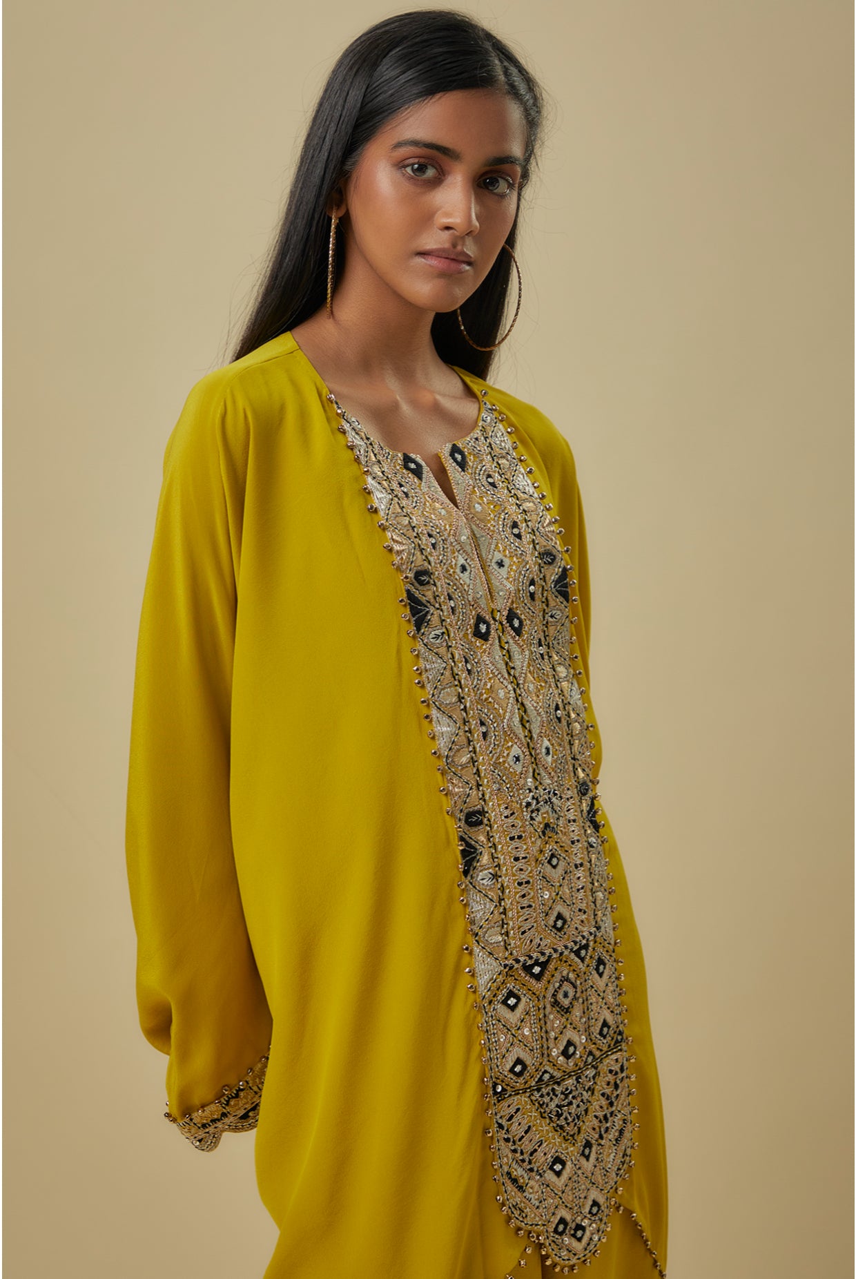 Olive Green Crepe Embroidered Yoke Kaftan With Georgette Pants.