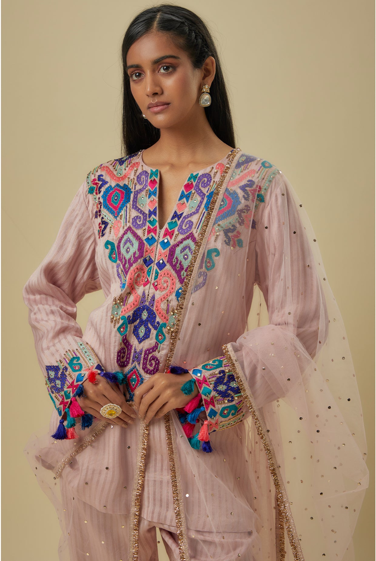 Onion Pink Stripes Chanderi Embroidered Yoke Short Kurta And Jogger Pants With Mukaish Net Dupatta.