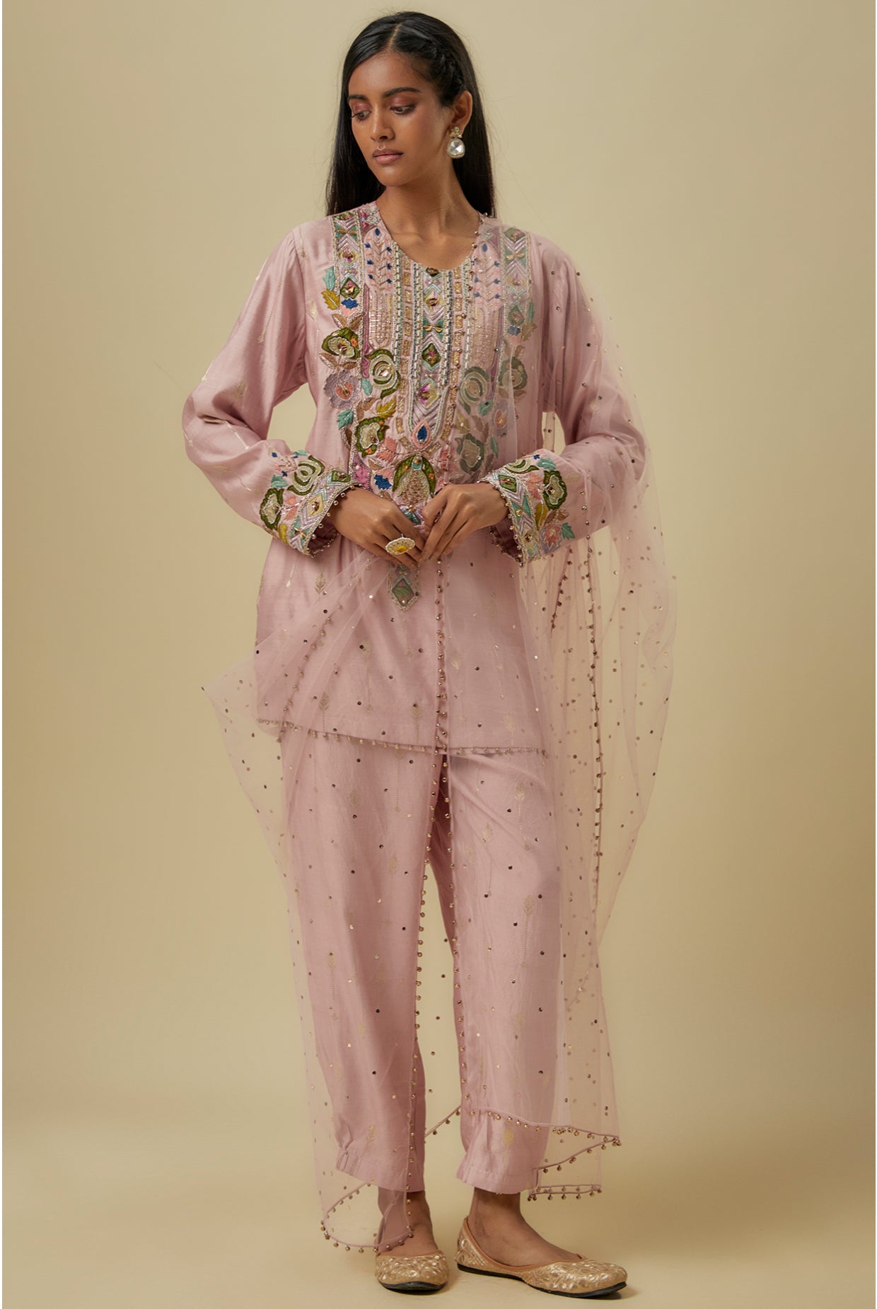 Onion Pink Brocade Butti Embroidered Yoke Kurta And Jogger Pant With Mukaish Net Dupatta.