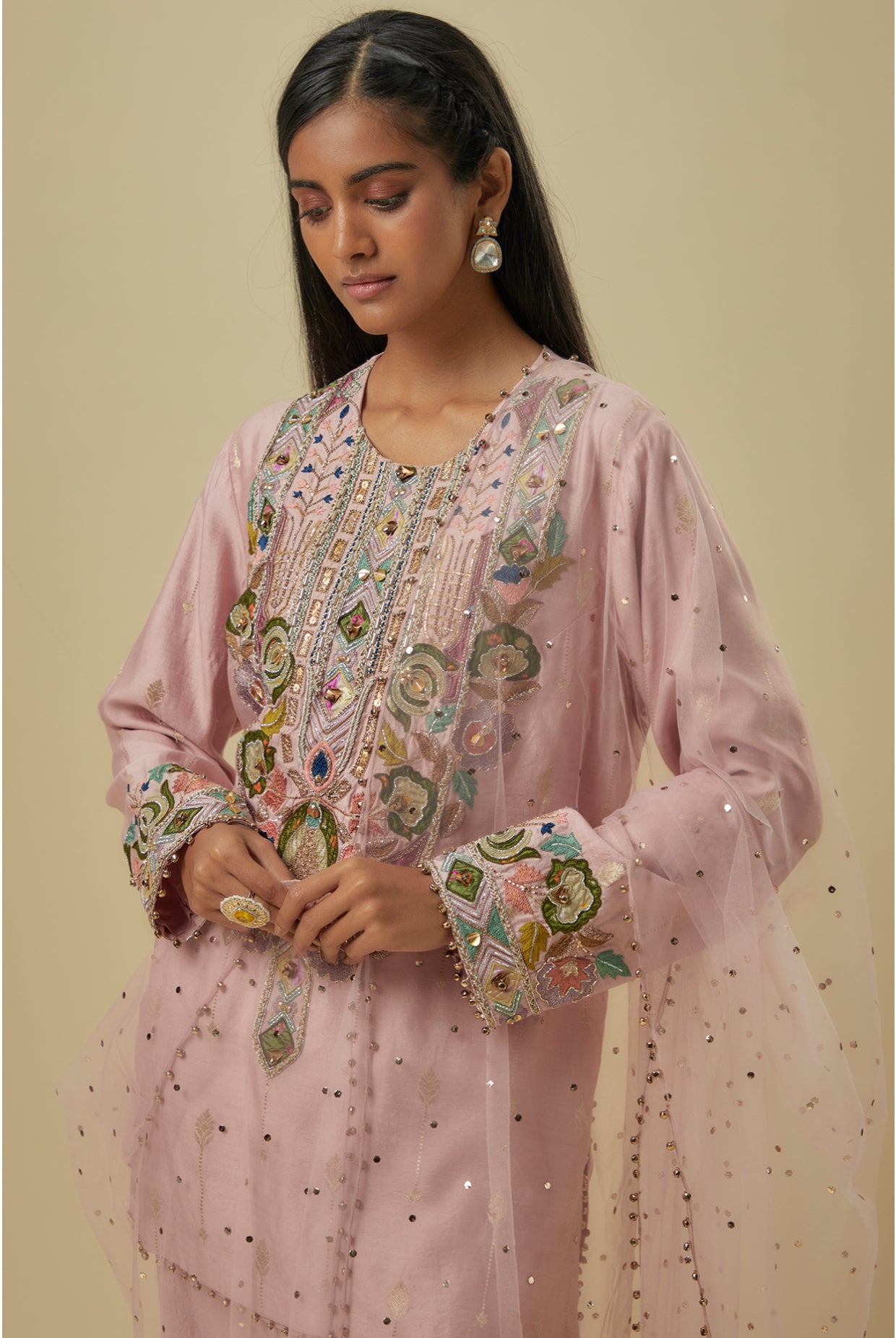 Onion Pink Brocade Butti Embroidered Yoke Kurta And Jogger Pant With Mukaish Net Dupatta.