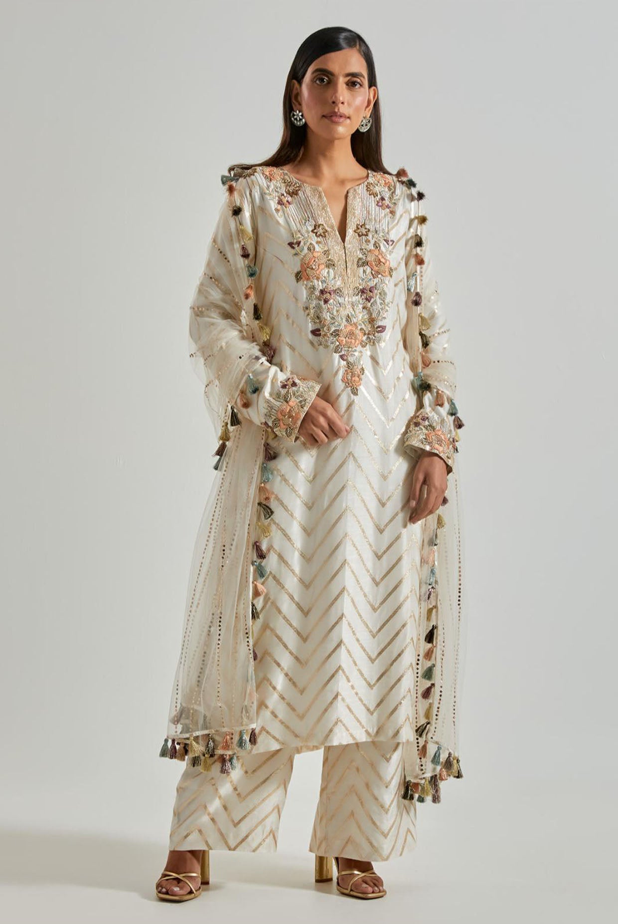 Off-White Zig-Zag Dola Silk Kurta with Palazzo & Net Dupatta