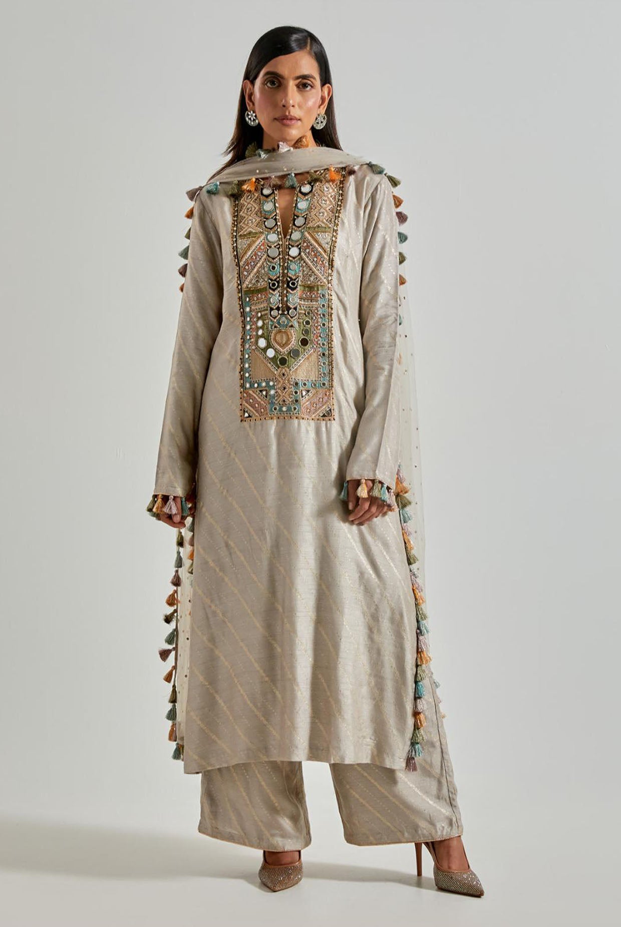 Grey Dola Silk Kurta with Pants & Net Dupatta