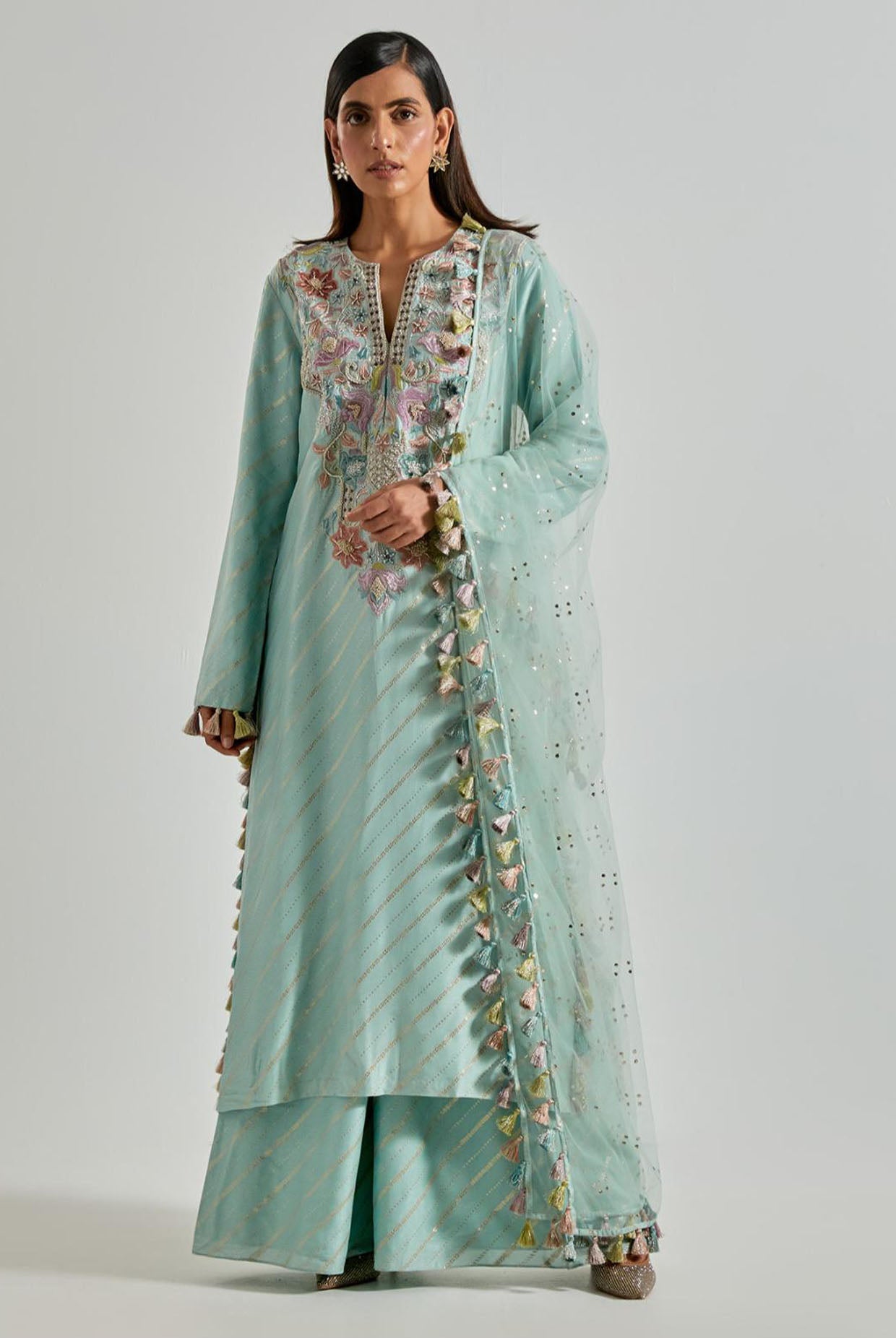 Seafoam Line Dola Silk Straight Kurta with Palazzo & Net Dupatta