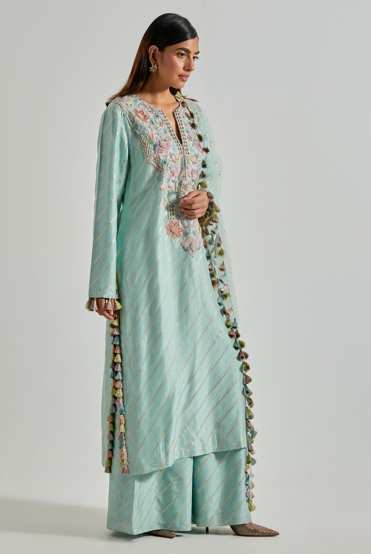 Seafoam Line Dola Silk Straight Kurta with Palazzo & Net Dupatta