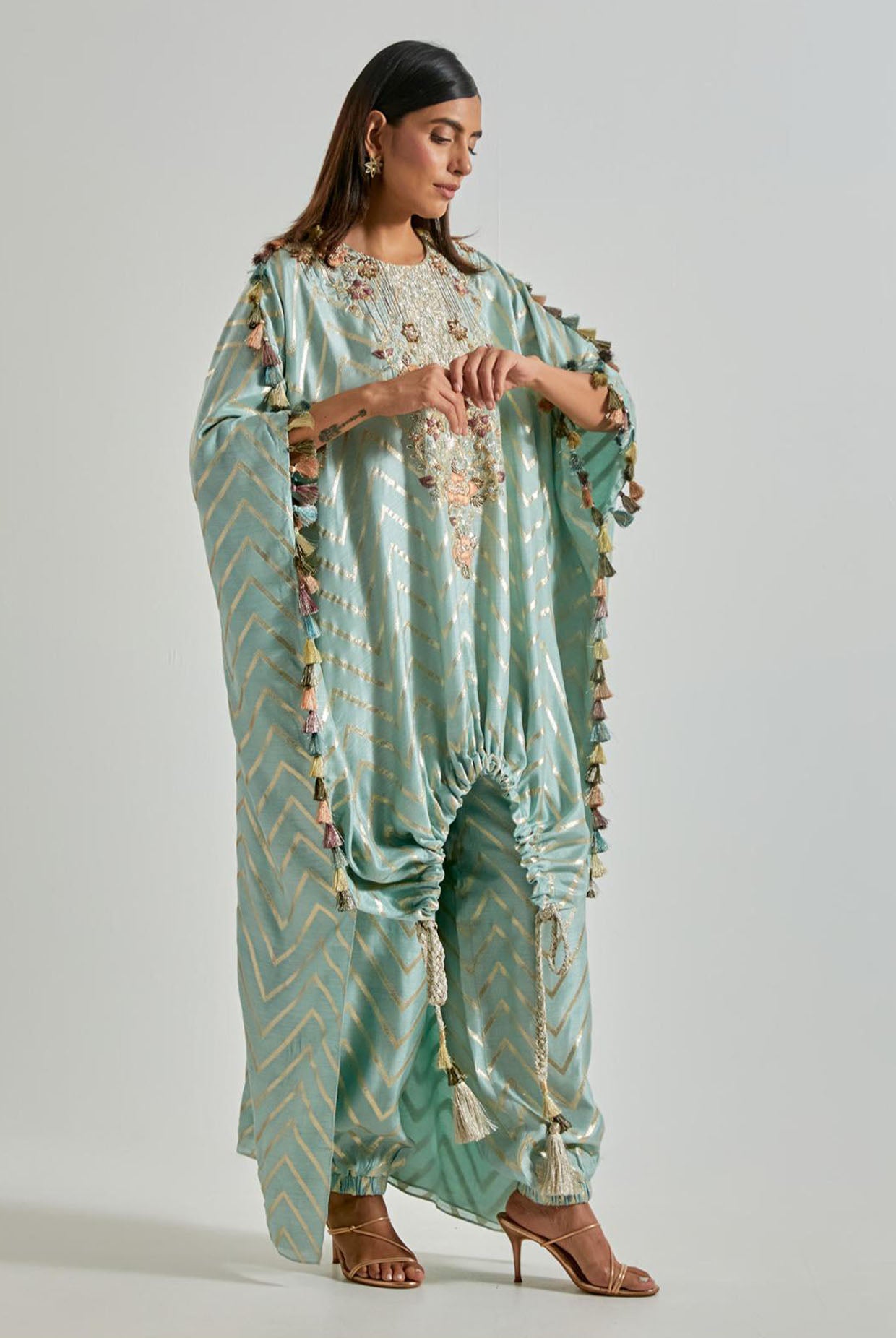 Powder Blue Zig-Zag Dola Silk Kurta with Jogger Pants