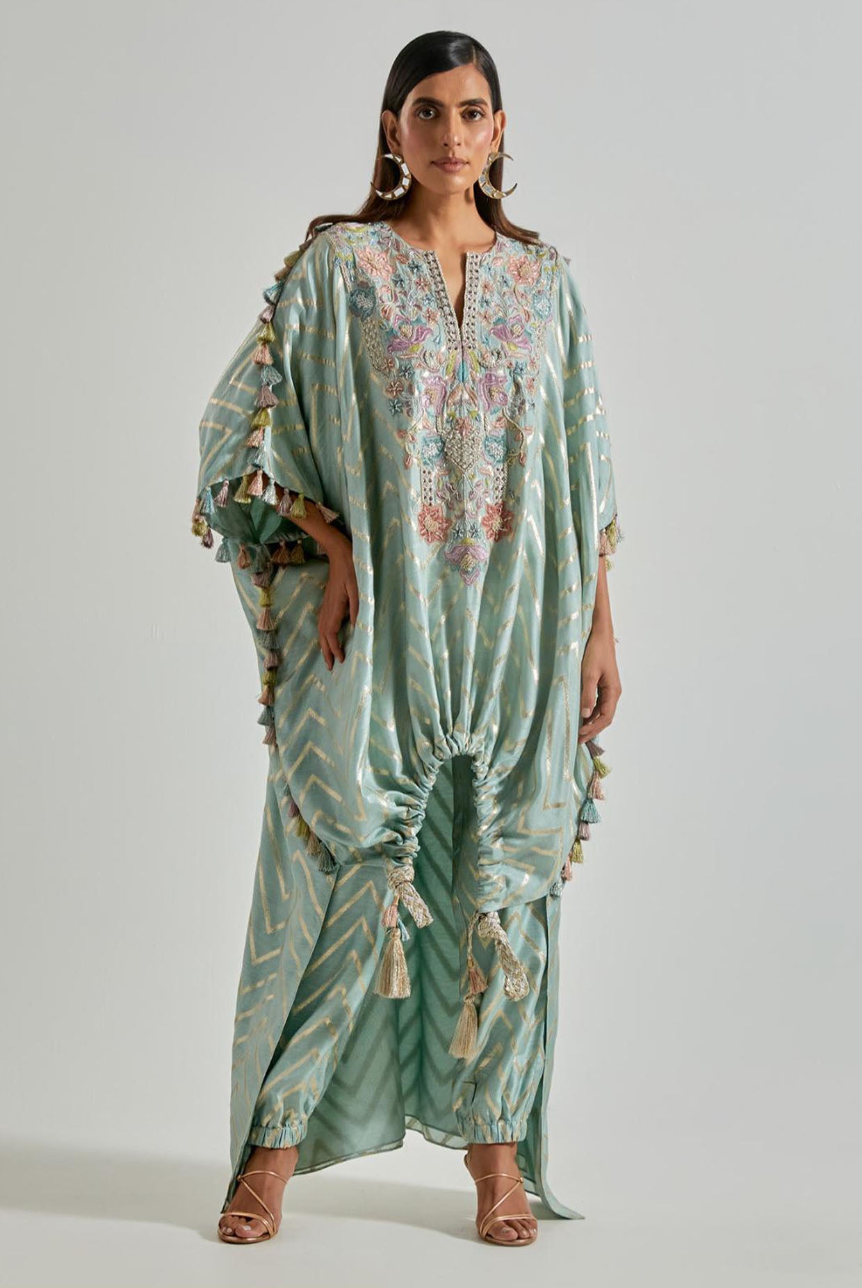Seafoam Zig-Zag Dola Silk Kurta with Jogger Pants