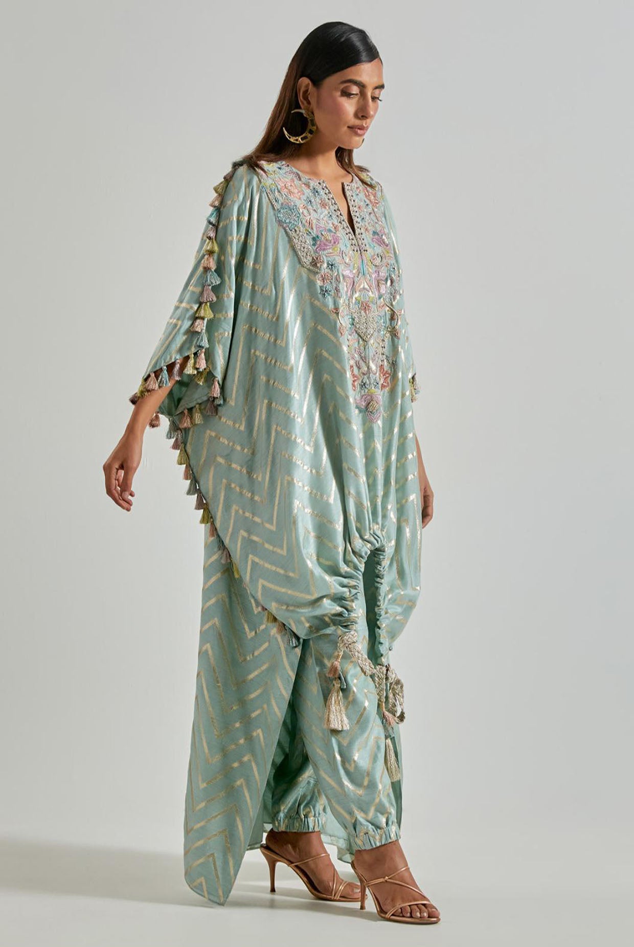 Seafoam Zig-Zag Dola Silk Kurta with Jogger Pants