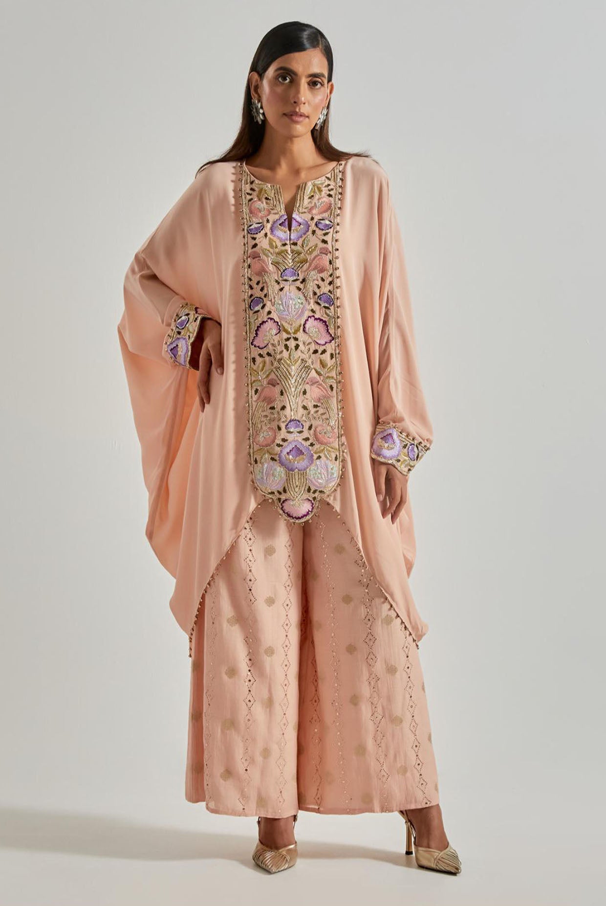 Peachy Pink Crepe Kaftan with Diamond Mul Palazzo