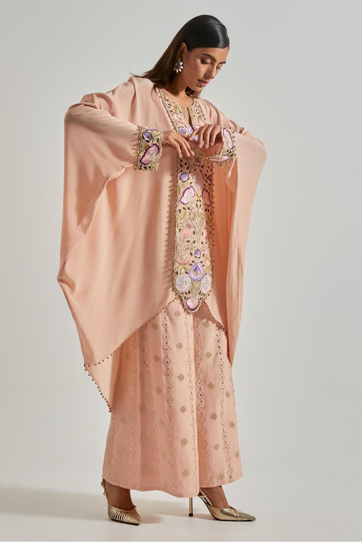 Peachy Pink Crepe Kaftan with Diamond Mul Palazzo