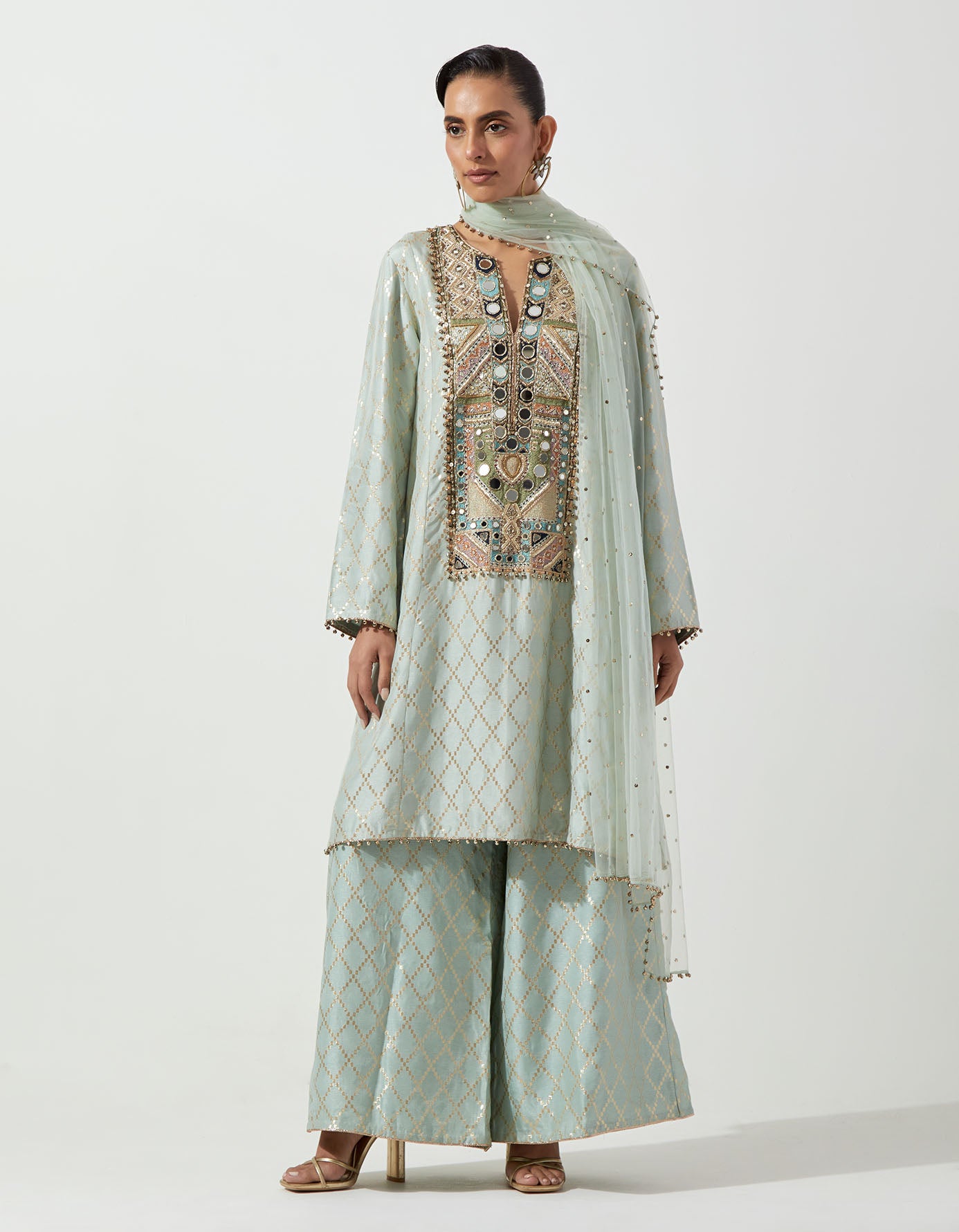 Powder Blue Short Kali Kurta With Palazzo And Mukaish Net Dupatta