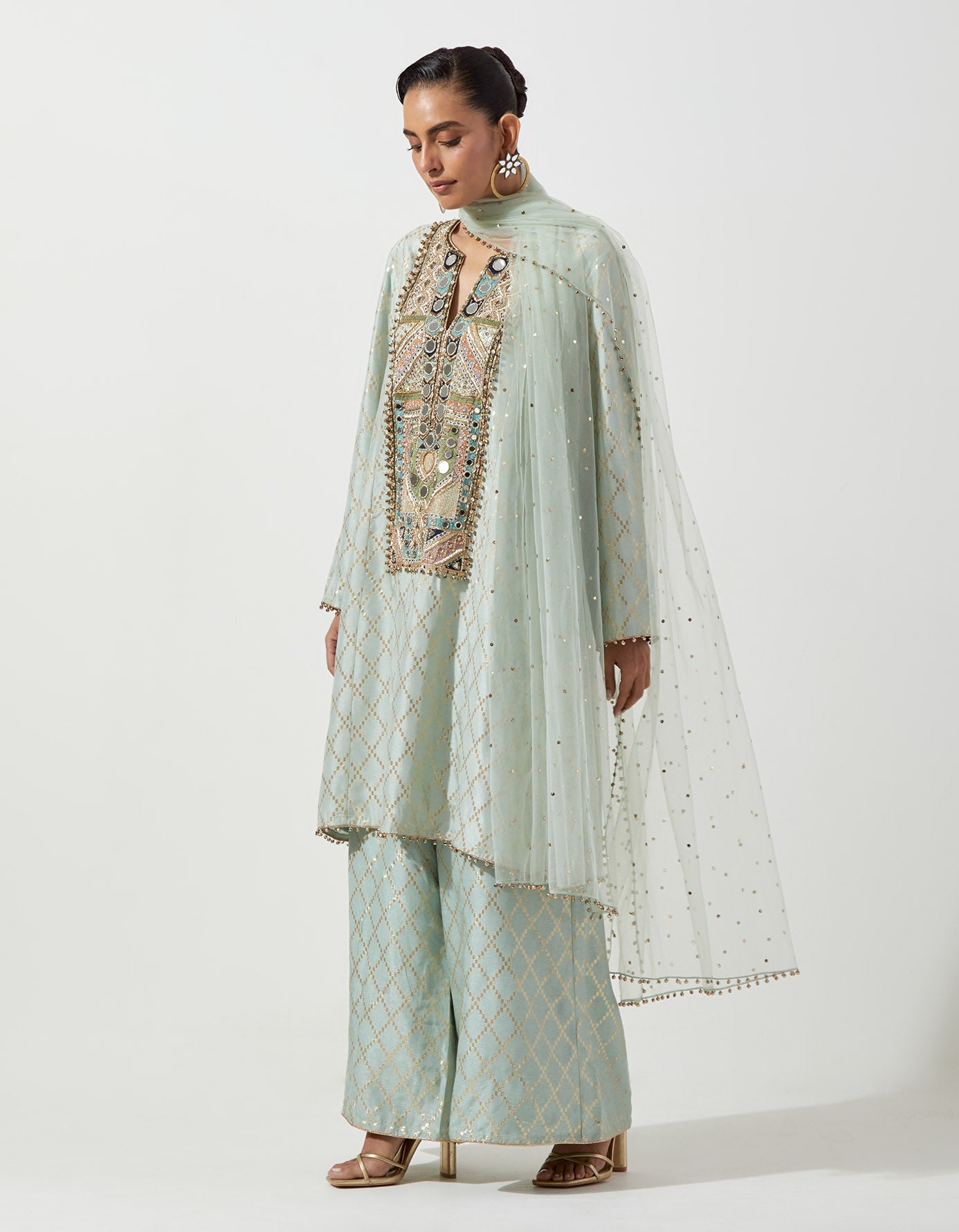 Powder Blue Short Kali Kurta With Palazzo And Mukaish Net Dupatta