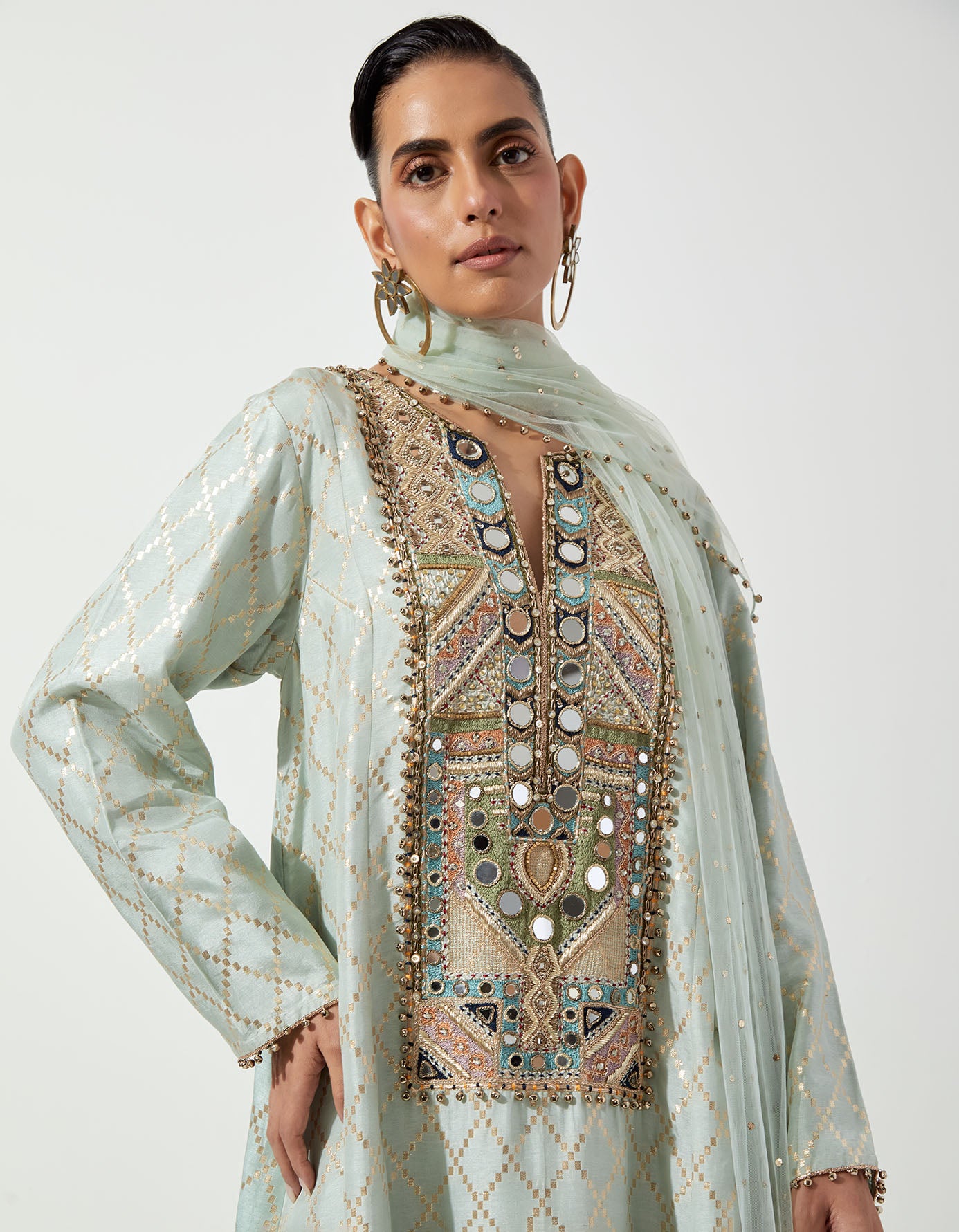 Powder Blue Short Kali Kurta With Palazzo And Mukaish Net Dupatta