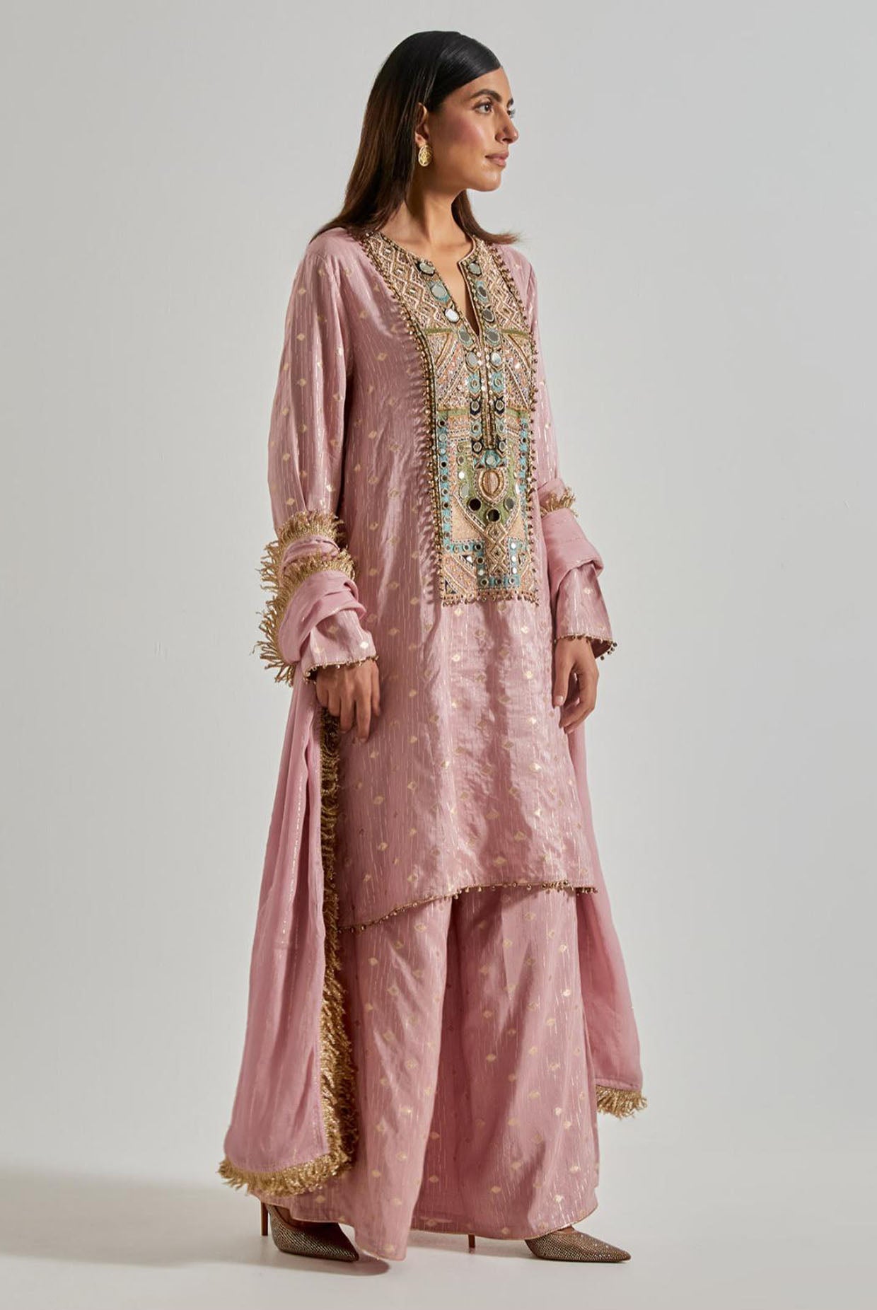 Lilac Dola Silk Kurta with Palazzo & Chiffon Dupatta