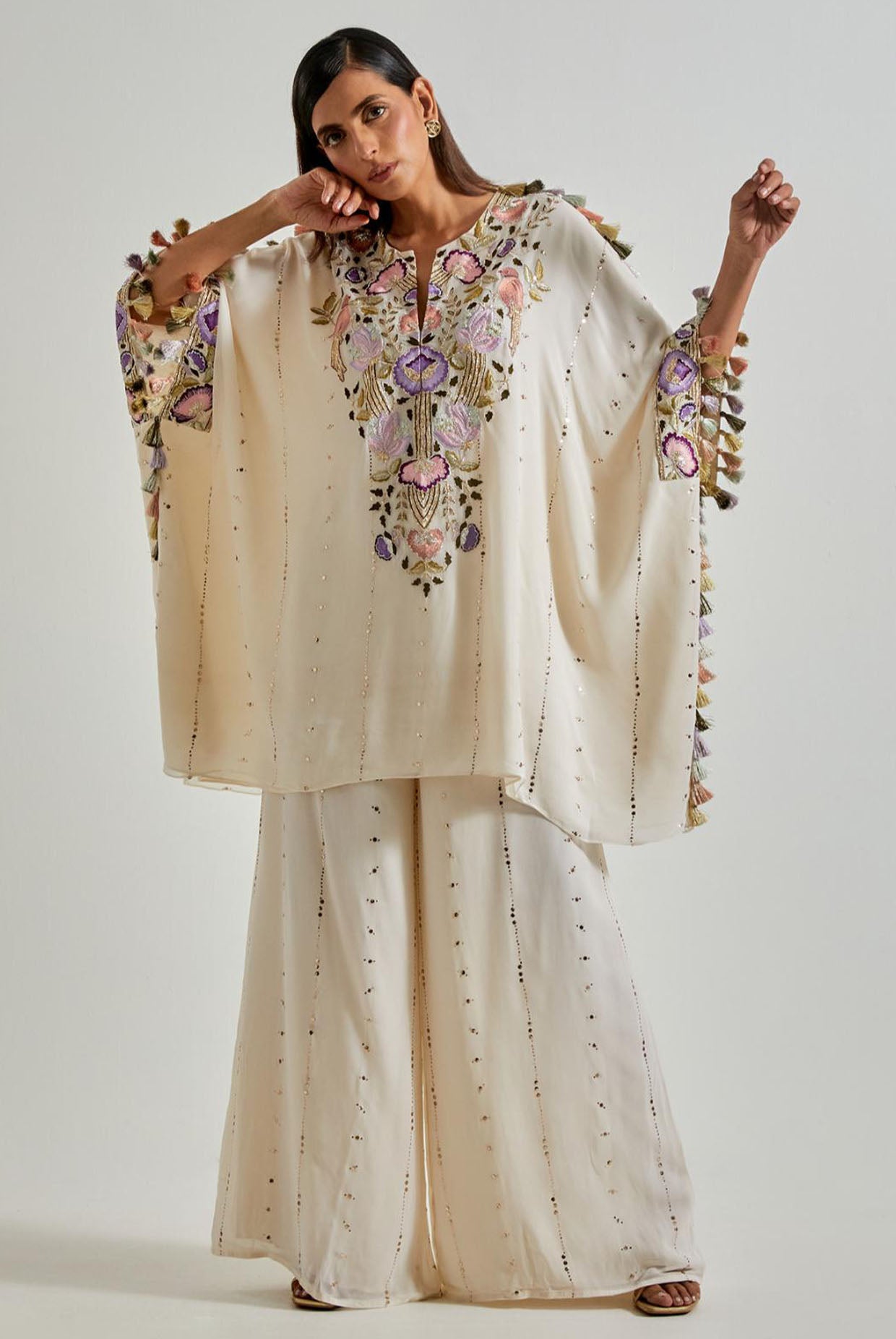 Off-White Mukaish Georgette Kaftan with Palazzo