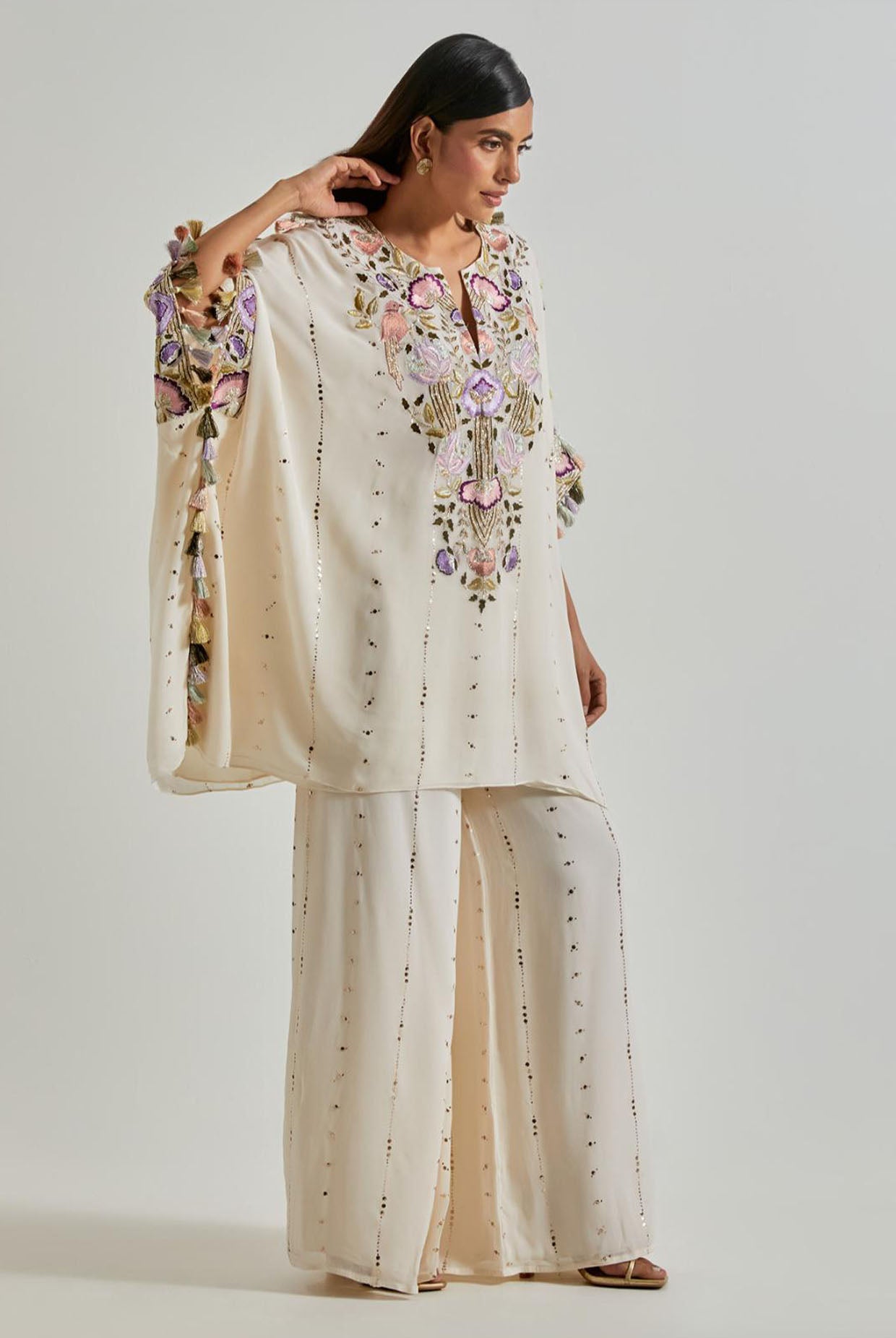 Off-White Mukaish Georgette Kaftan with Palazzo