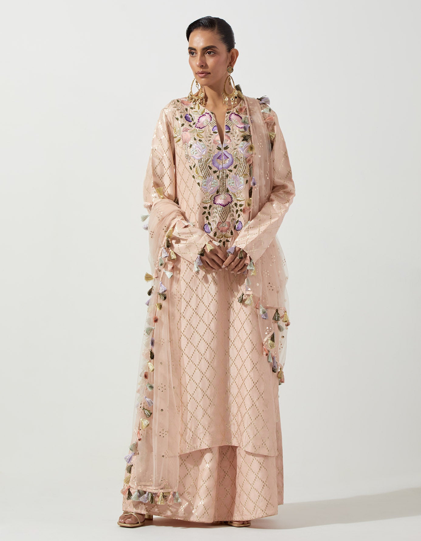 Peachy Pink Kurta With Palazzo And Dupatta
