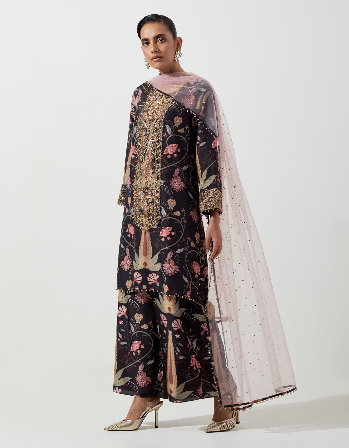 Black Kurta With Palazzo And Lilac Dupatta