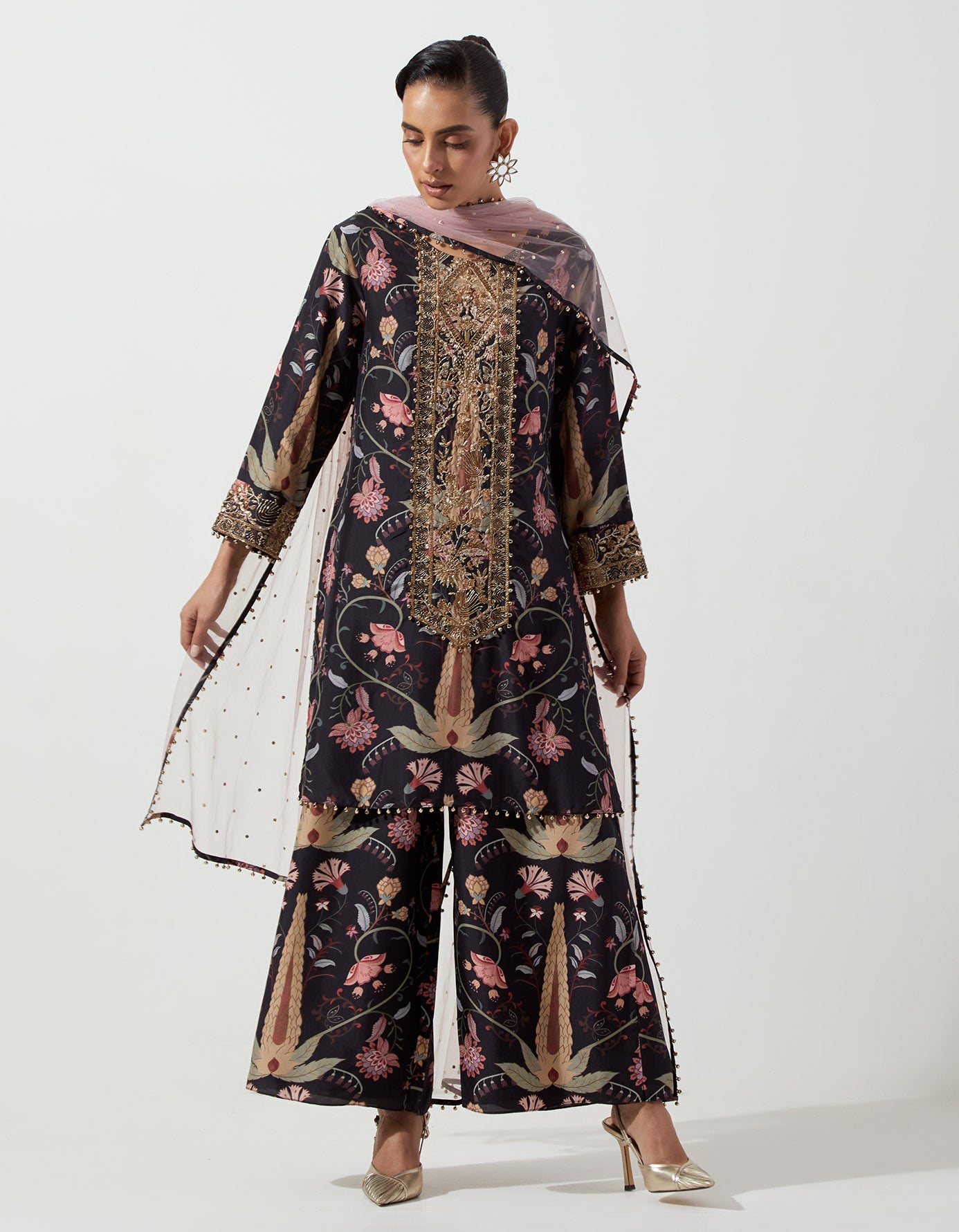 Black Kurta With Palazzo And Lilac Dupatta