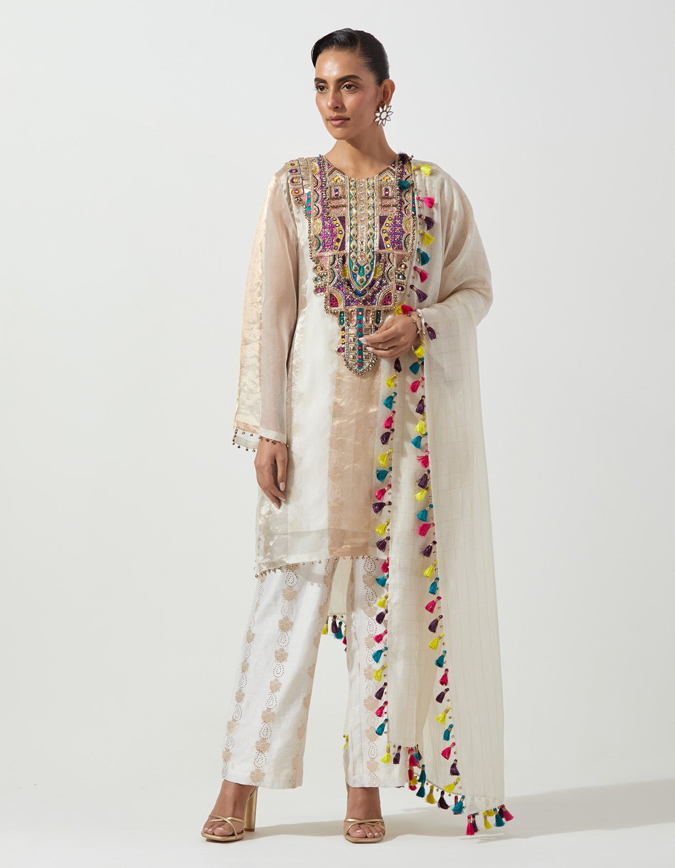 Off-White Embroidered Kurta With Straight Pant And Dupatta