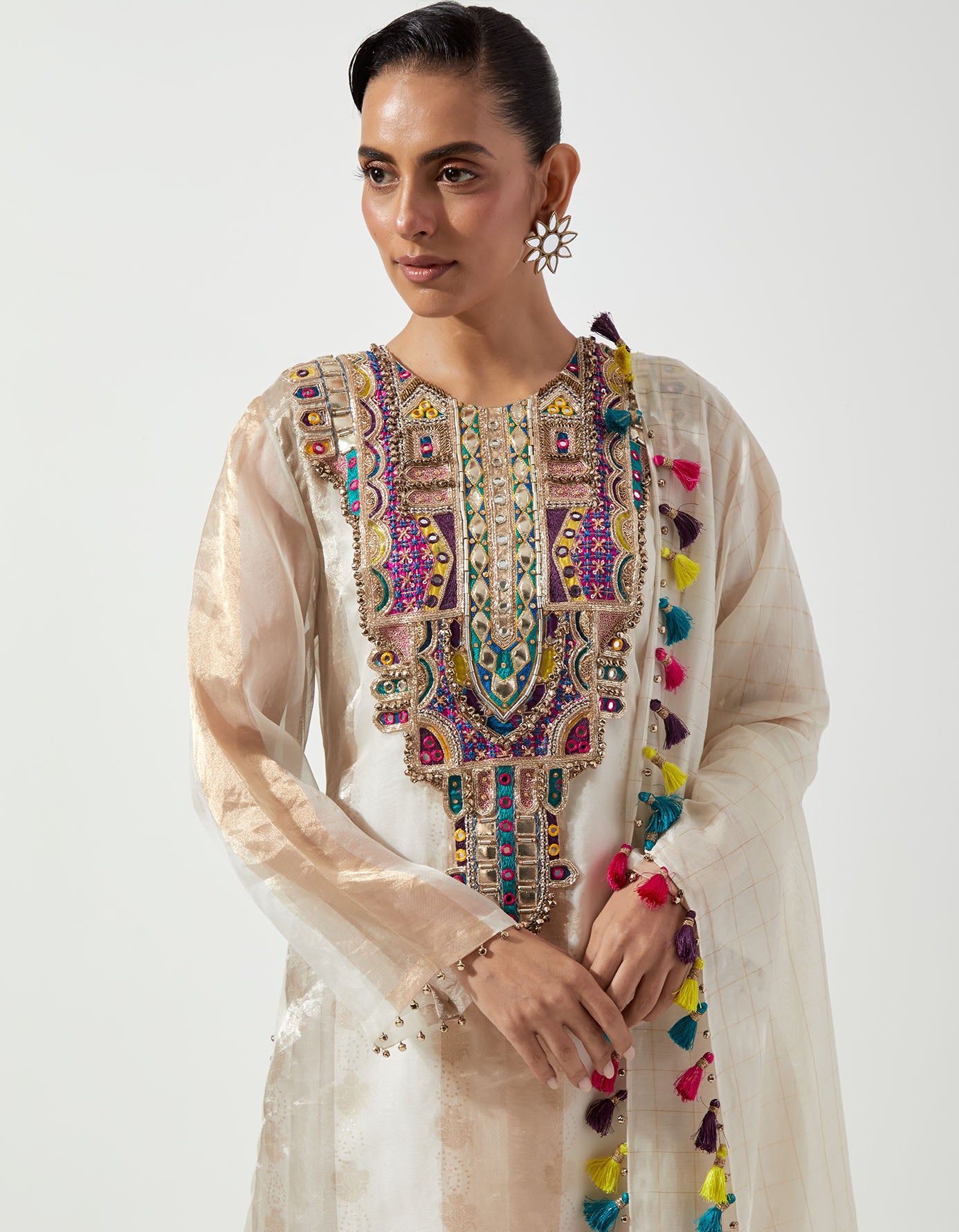 Off-White Embroidered Kurta With Straight Pant And Dupatta