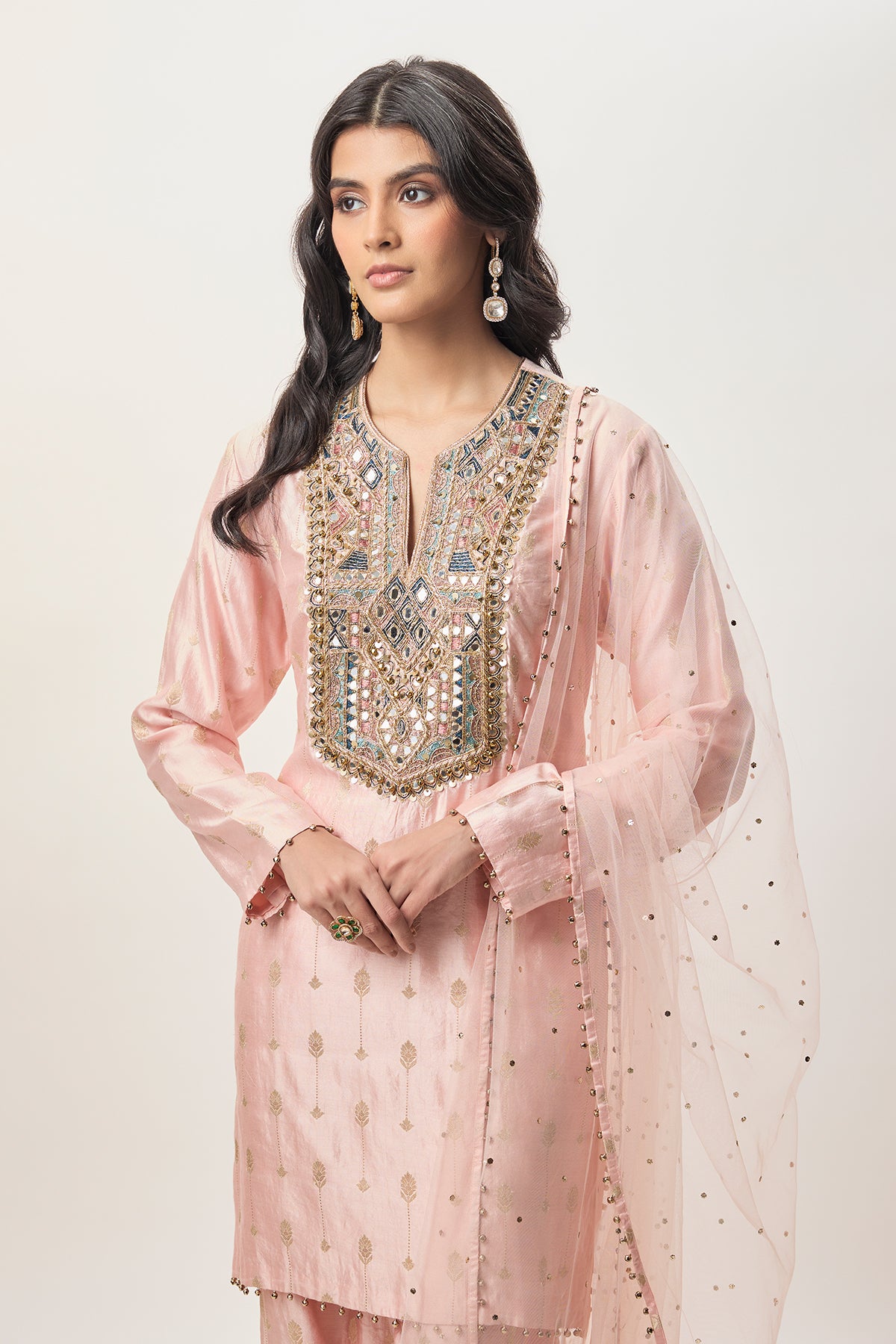 Farnaz Blush Pink Chiniya Silk Embroidered Yoke Kurta With Jogger Pant And Mukaish Net Dupatta