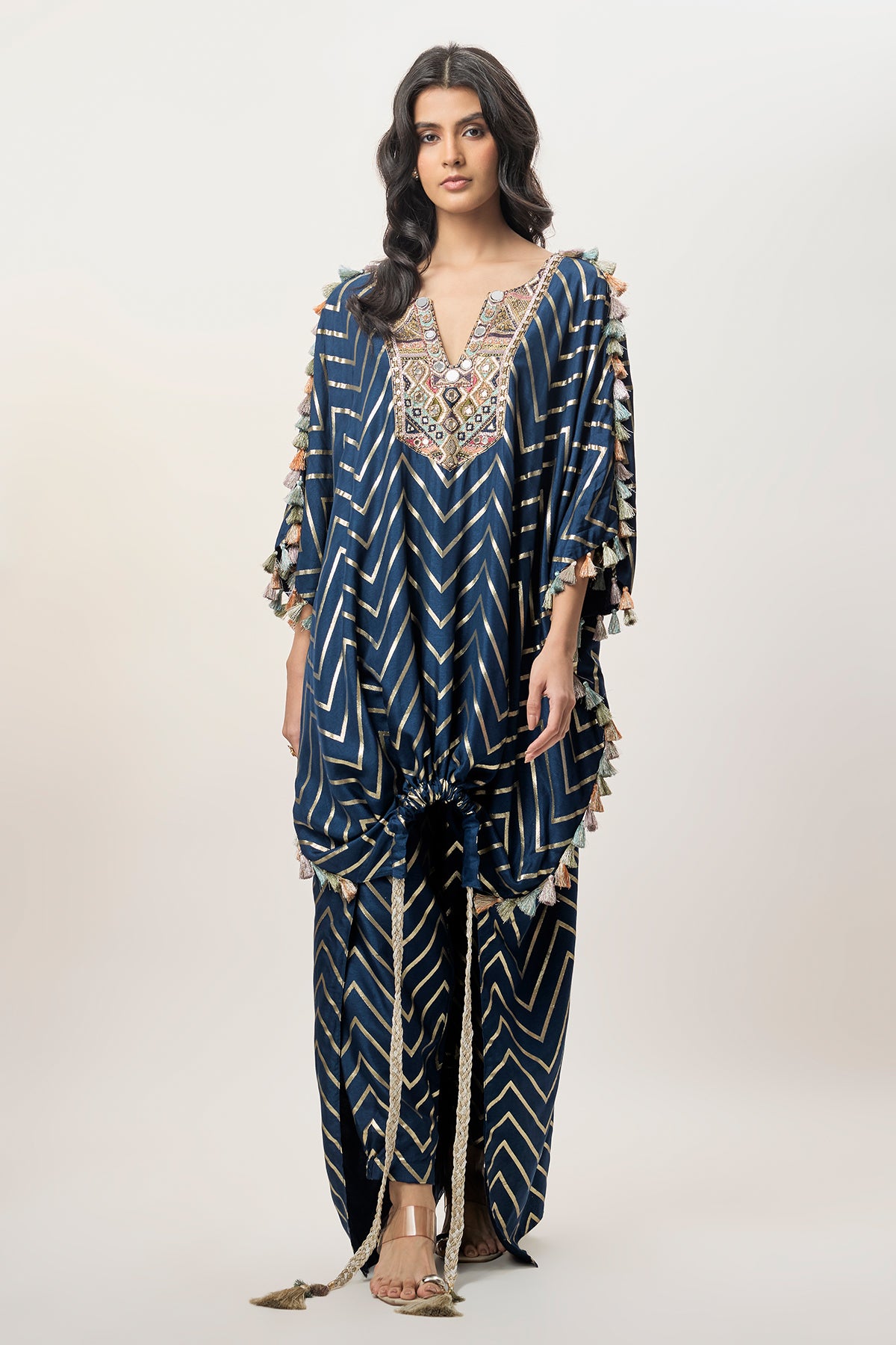 Raniya Navy Blue Dola Silk Embroidered Kaftan And Jogger Pant
