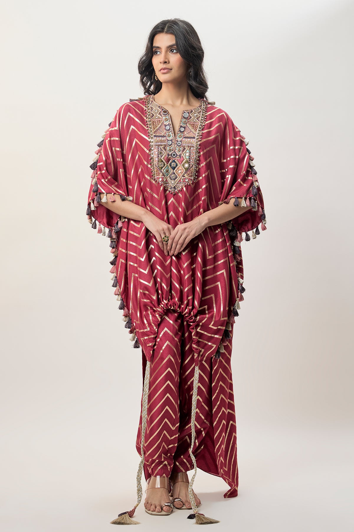 Raniya Cranberry Dola Silk Embroidered Kaftan And Jogger Pant