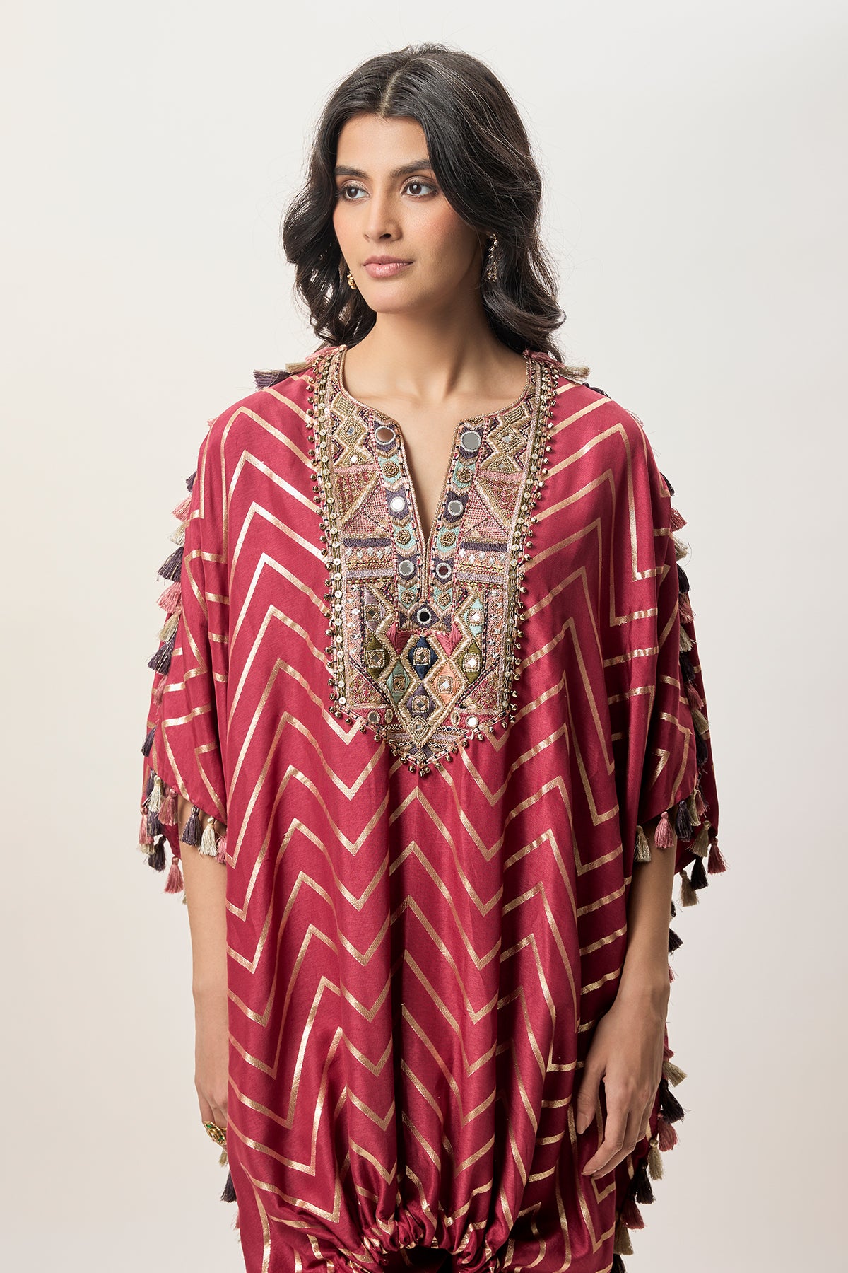 Raniya Cranberry Dola Silk Embroidered Kaftan And Jogger Pant