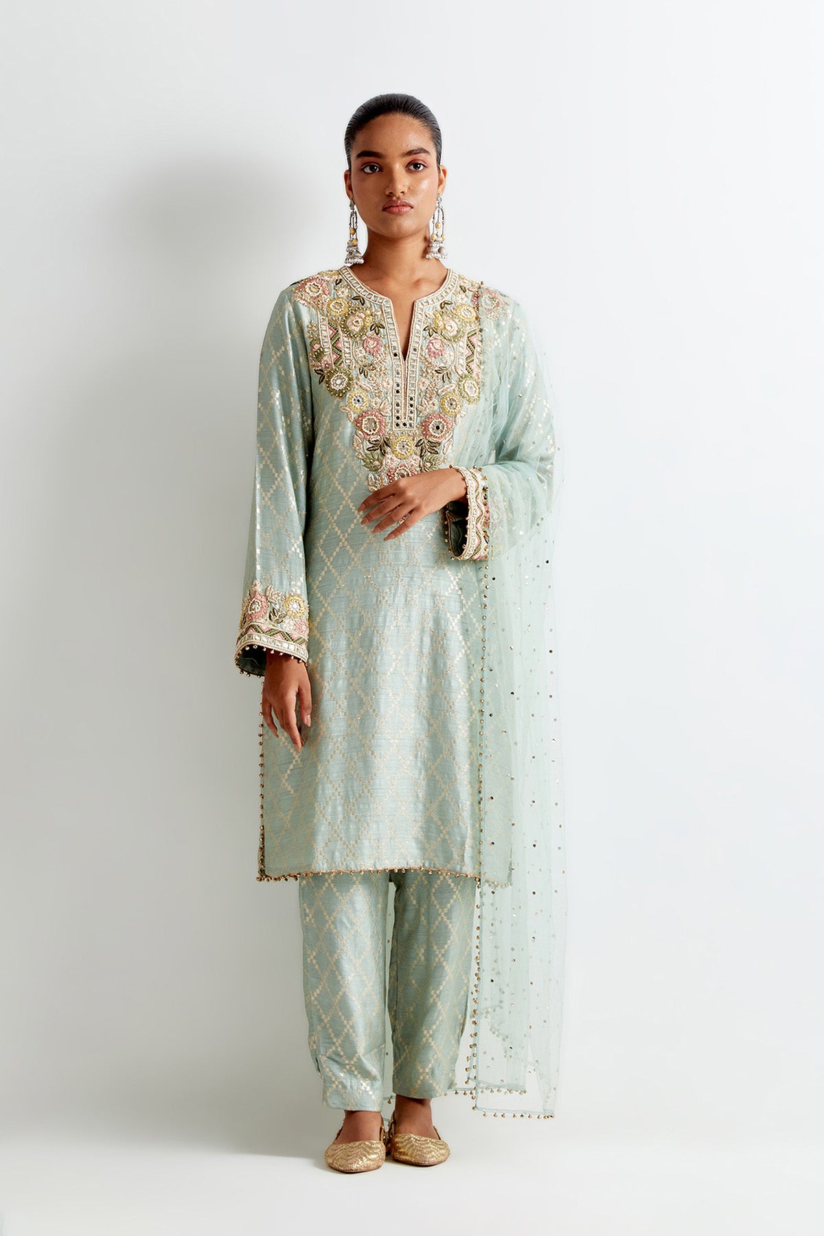 Powder Blue Silk Embroidered Kurta With Jogger Pant And Mukaish Net Dupatta