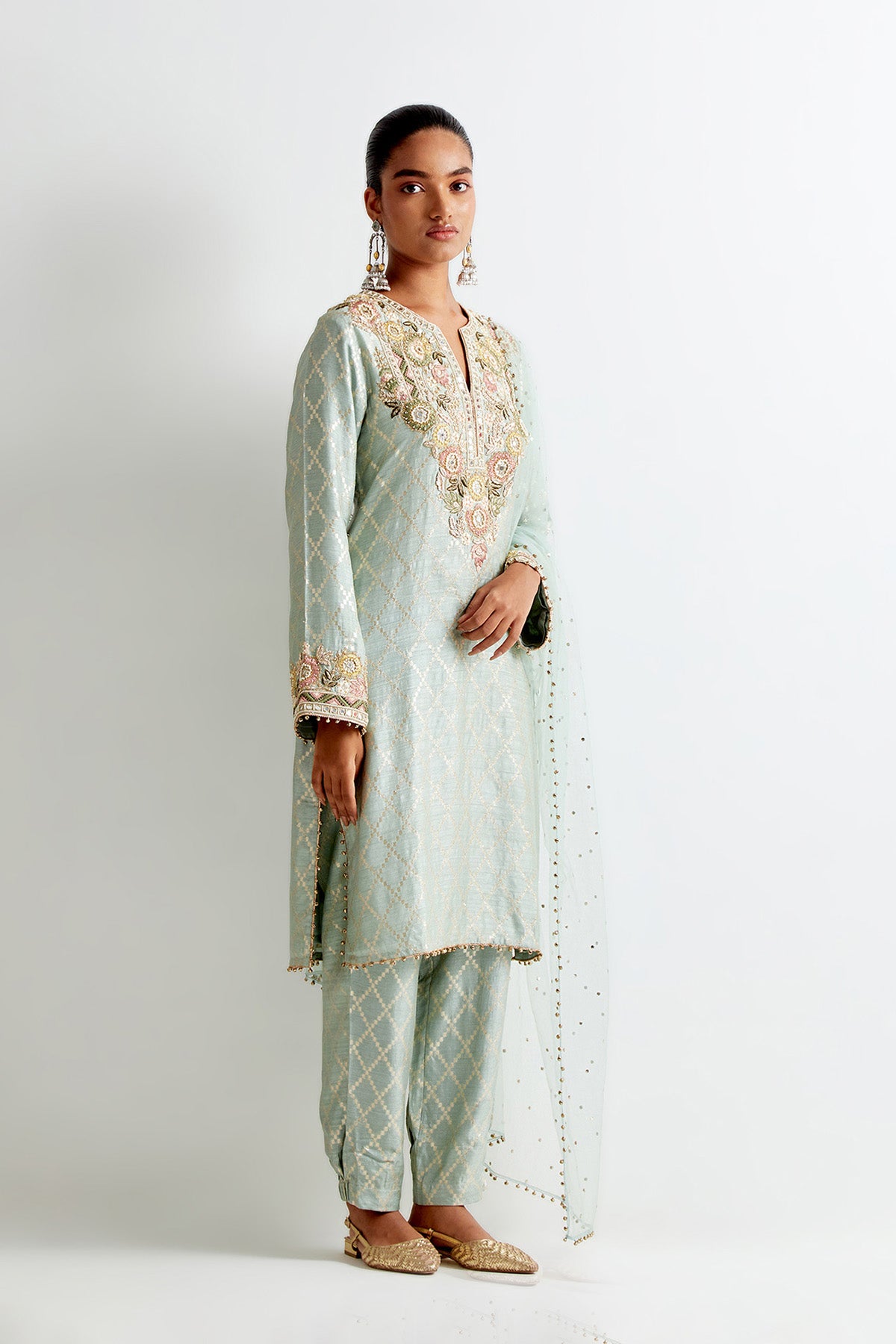 Powder Blue Silk Embroidered Kurta With Jogger Pant And Mukaish Net Dupatta