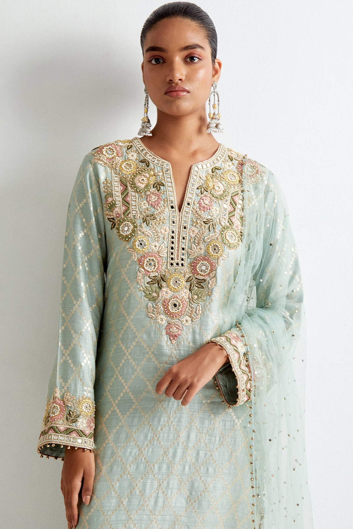 Powder Blue Silk Embroidered Kurta With Jogger Pant And Mukaish Net Dupatta