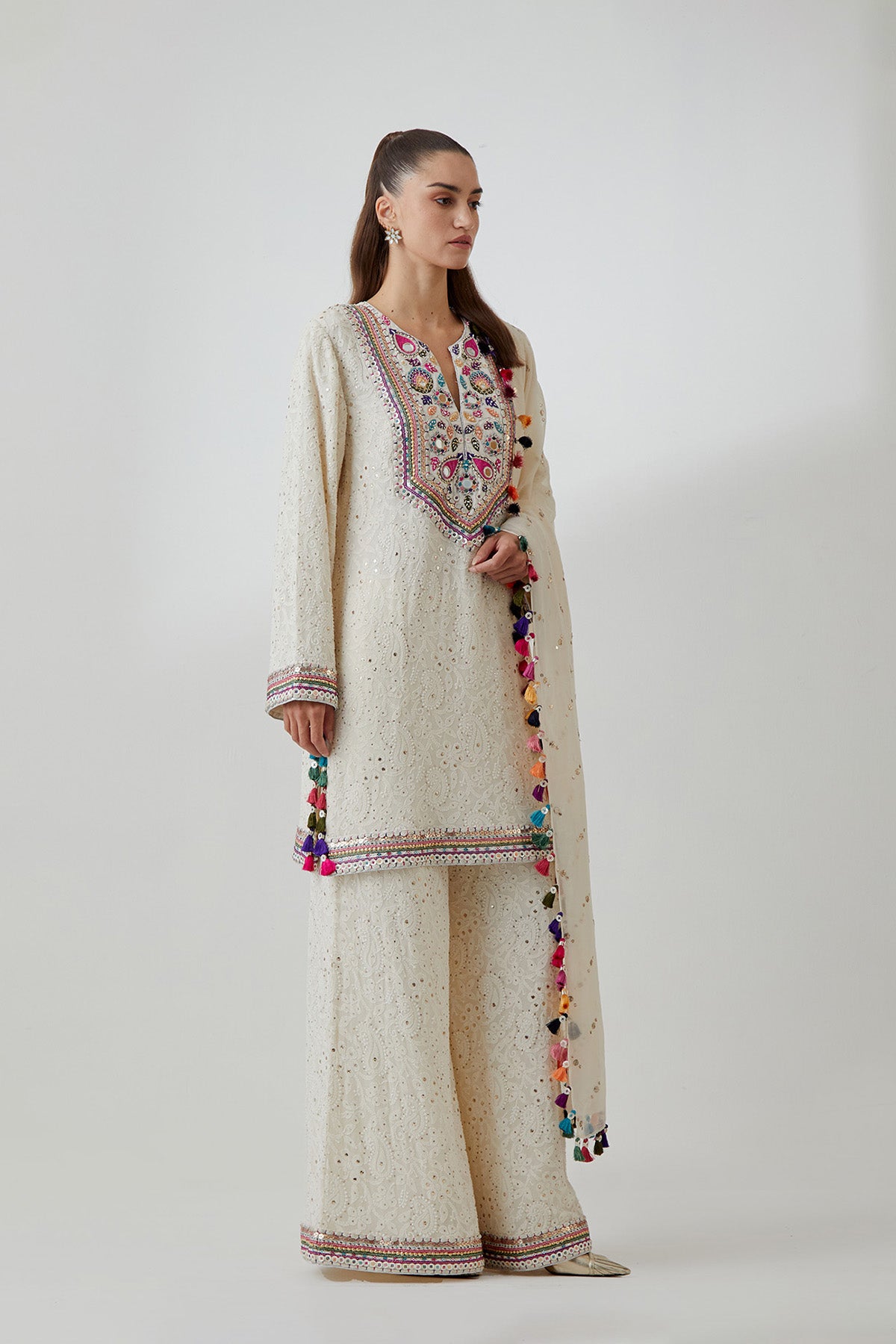 Stone Chikankari Embroidered Kurta With Palazzo And Mukaish Organza Dupatta
