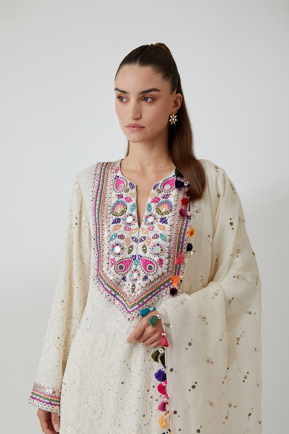 Stone Chikankari Embroidered Kurta With Palazzo And Mukaish Organza Dupatta