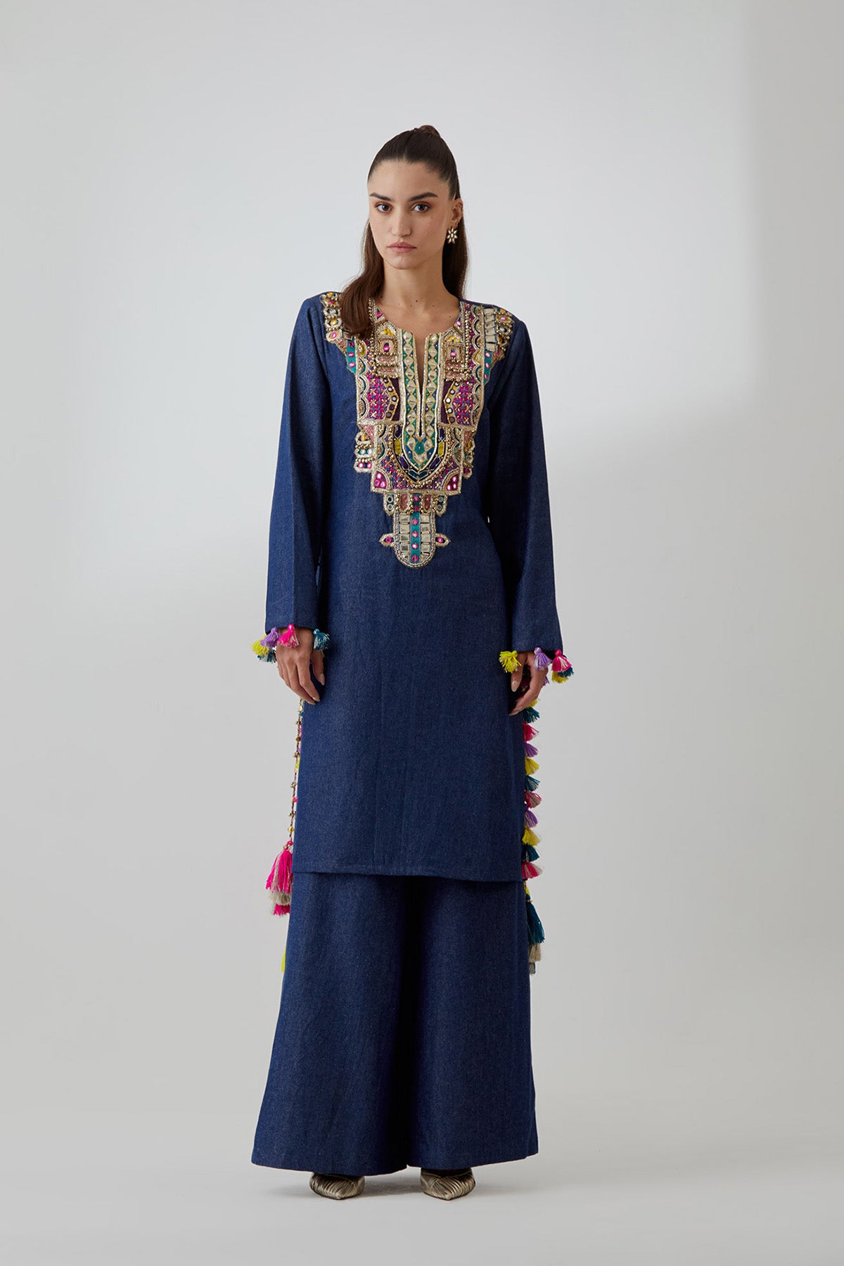 Blue Denim Embroidered Yoke Kurta With Palazzo Pant