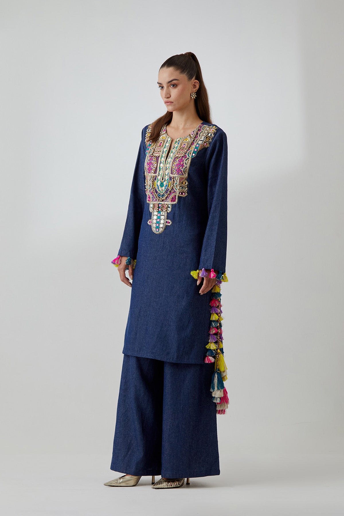 Blue Denim Embroidered Yoke Kurta With Palazzo Pant