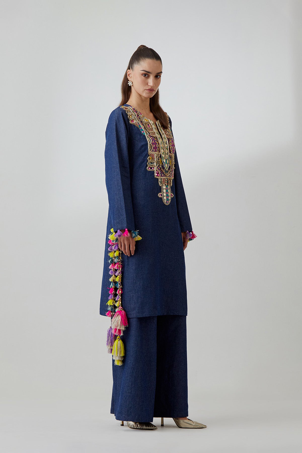 Blue Denim Embroidered Yoke Kurta With Palazzo Pant