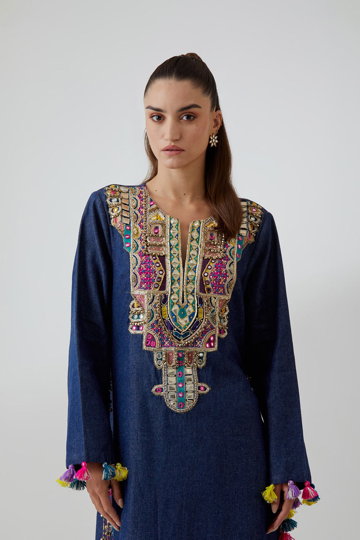 Blue Denim Embroidered Yoke Kurta With Palazzo Pant