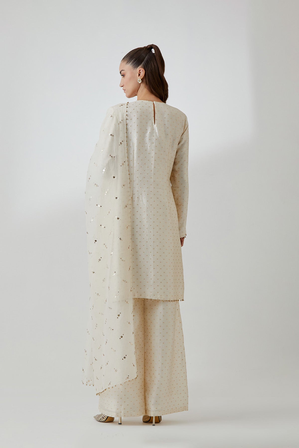 Off-White Banarasi Embroidered Kurta With Palazzo And Mukaish Organza Dupatta