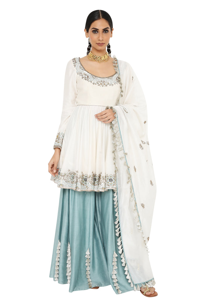 Najma Off White Colour Embroidered Short Anarkali With Blue Colour Sharara And Off White Colour Dupatta