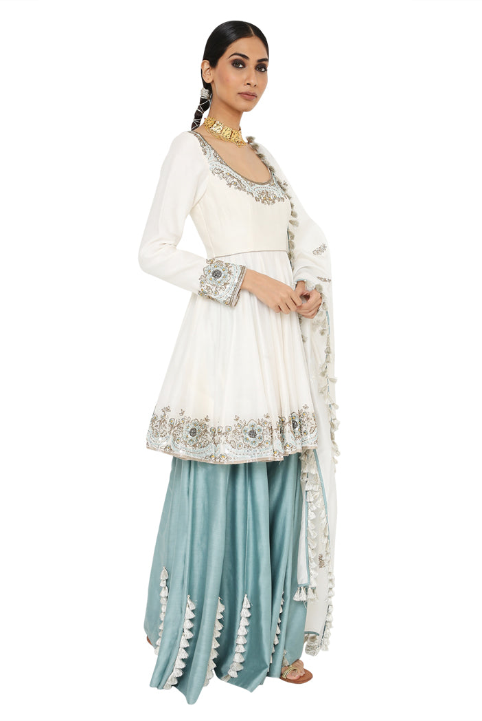 Najma Off White Colour Embroidered Short Anarkali With Blue Colour Sharara And Off White Colour Dupatta
